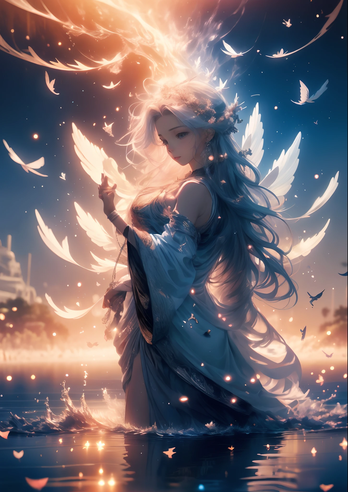 (best quality,8k,realistic:1.2),vivid colors,studio lighting,ultra-detailed,serene,peaceful,beautiful landscape,pure white flowers,dappled sunlight,gentle breeze,tranquil pond,reflecting the clear blue sky,soft, ethereal clouds,ethereal atmosphere,warm, golden sunlight streaming through the trees,glowing, seraphic figure,graceful, flowing robe,hands outstretched in a welcoming gesture,gentle smile,eyes filled with love and compassion,hair flowing like silk,cascading down the shoulders,angelic wings spanning wide,feathers shining with iridescent colors,holy light emanating from the figure,sparkling particles dancing in the air,harmony,divine harmony,serenity and peace,healing, renewal,overflowing with divine love,an uplifting and inspiring scene.