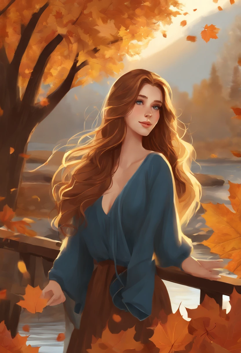 (masterpiece), best quality, ultra-detailed, illustration, warm lighting, soft lighting, bright colors, 1 girl, solo,( beautiful girl, long hair, blue eyes, ribbon, brown hair, hair between eyes, hair ribbon, sidelocks, very long hair, messy hair,) , autumn, many maple tree, maple leaves, golden leaves, fall foliage, Dried leaves, river, crisp air, peace, cool breeze , sweater weather,( wear nothing, naked)