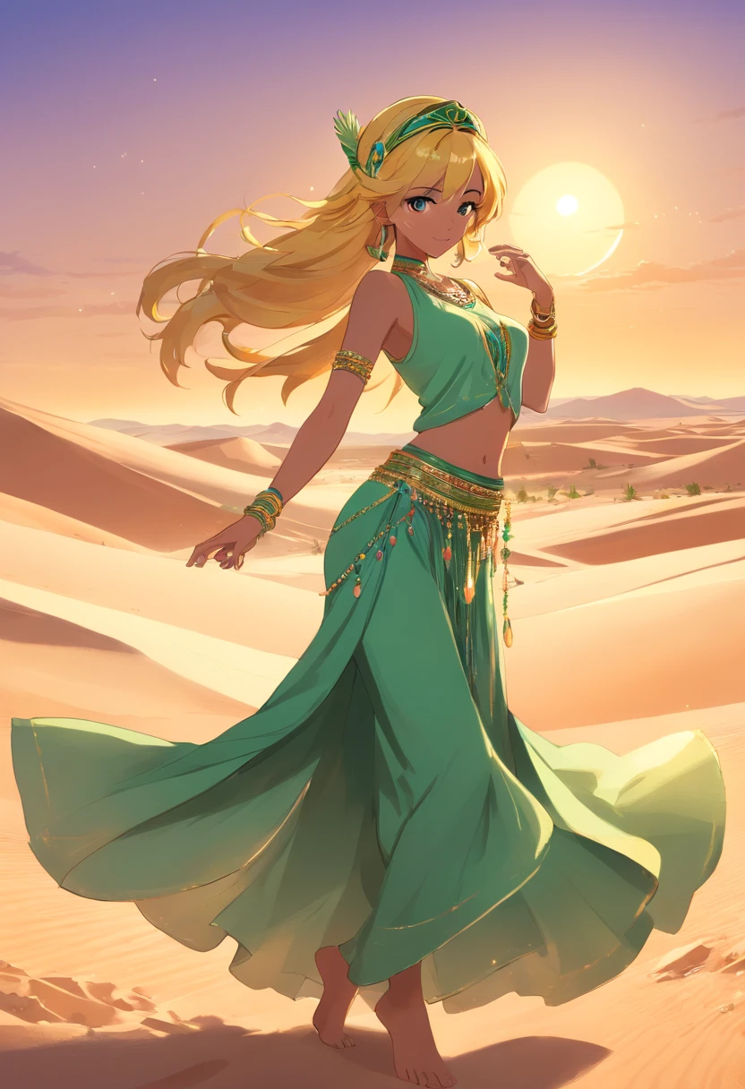 exquisite illustration、Full body illustration、A woman in a long dress dances in the desert, Jump up，Volley action，Dance in the air，Exaggerated dance moves，The light gauze skirt flutters，In the dusty desert, she is dressed as a belly dancer, gracefully belly dancing pose, arabian princess, arabian beauty, Belly dancing, dune style, Arabic inspiration, arabian nights inspired, desert robe, wearing an elegant tribal outfit，with long coiled hair，Yellow hair，Double bun head，green pupills，Gorgeous jewelry，Gorgeous headdress，Delicate bead chains hang from hair and clothes，Fluttering string of gemstones，Shiny and shiny
