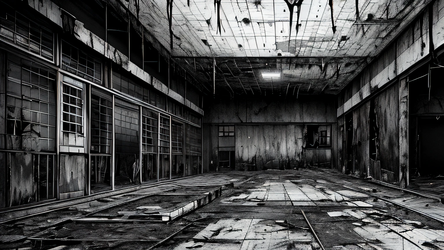 monochrome, greyscale, japanese_clothes, no_humans, scenery, (masterpiece:1.3), (best_quality:1.3), (ultra_detailed:1.3), 8k, extremely_clear,, insane details, intricate details, hyperdetailed, ultra detailed, extreme detailed, highest detailed, high_detail, colorful, beautiful, hdr, photorealistic, highres, ultra_high_res, photography, aesthetic, extremely_delicate, Old modern hospital, blood splattered on the walls, standing water, broken lights, broken windows, weeds, (((Post-apocalyptic style)))