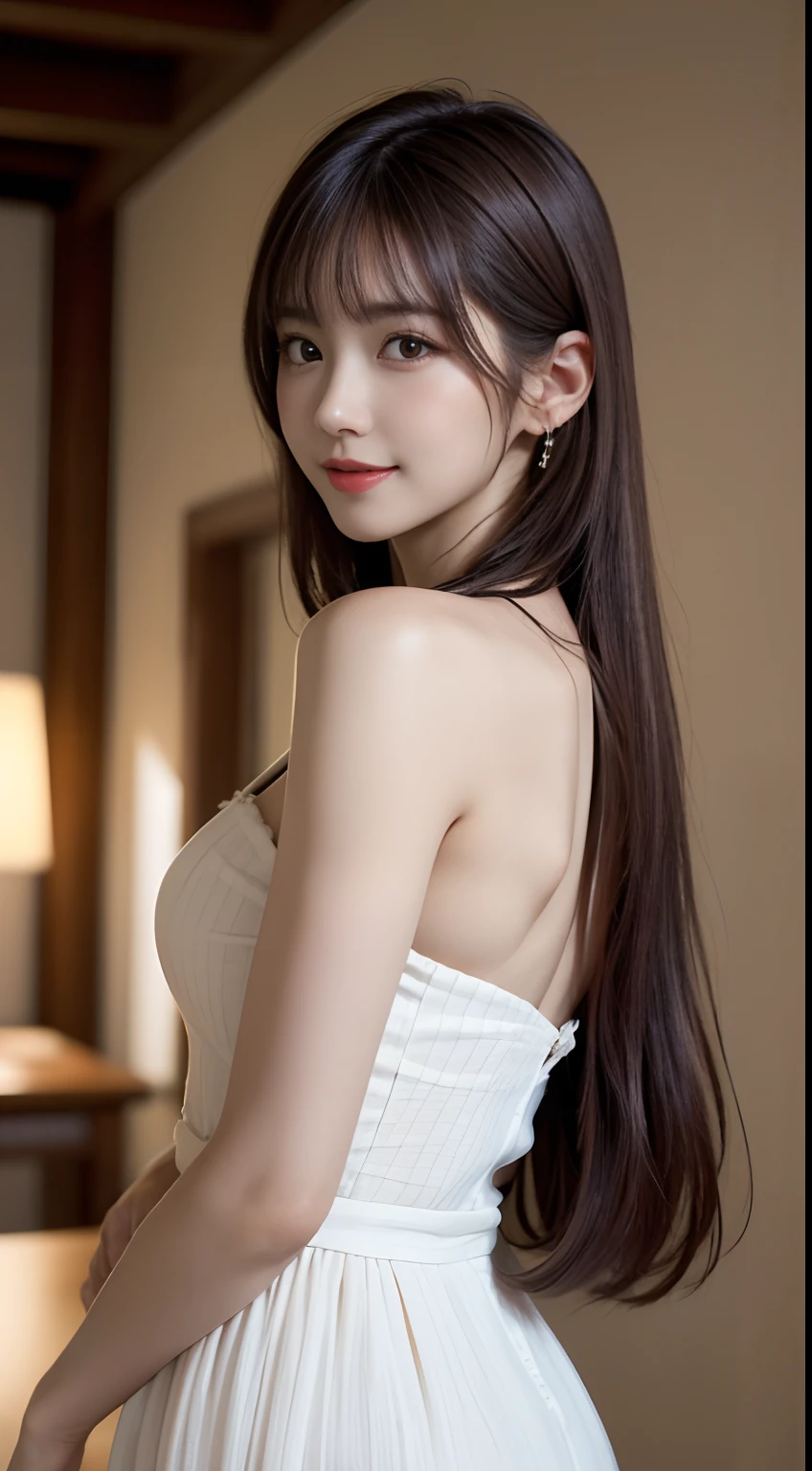 White see-through blouse,Face Interview, (Photo Real:1.4), (hyper realisitic:1.4), (realisitic:1.3), (Smooth lighting:1.05), (Improve video lighting quality:0.9), 1womanl, a 20 yo woman, Realistic lighting, Back lighting, Facial light, raytrace, (cheerfulness:1.2), (Improved image quality:1.4), (Finest Real Textured Skins), finely eye, a small face, Red cheeks, skinny body, medium-breasted pointed jaws,,,,,, Korean Idol, Nogizaka Idol, glowy skin, hposing Gravure Idol, P, Blunt bangs, light brown hair, hair behind ear, hair over shoulder, Long hair,Tear bag,Summer plateau、White dress、