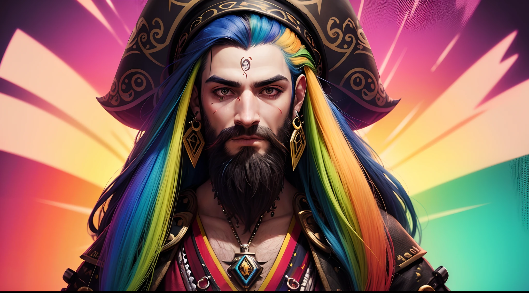 A long beard man with dredlock hair, wearing colorful clothes, has multiple ear piercings, with a rainbow background. The face has a nose piercing. The image has a high quality, with ultra-detailed features and a photorealistic style. The colors are vivid and the lighting is professionally done.