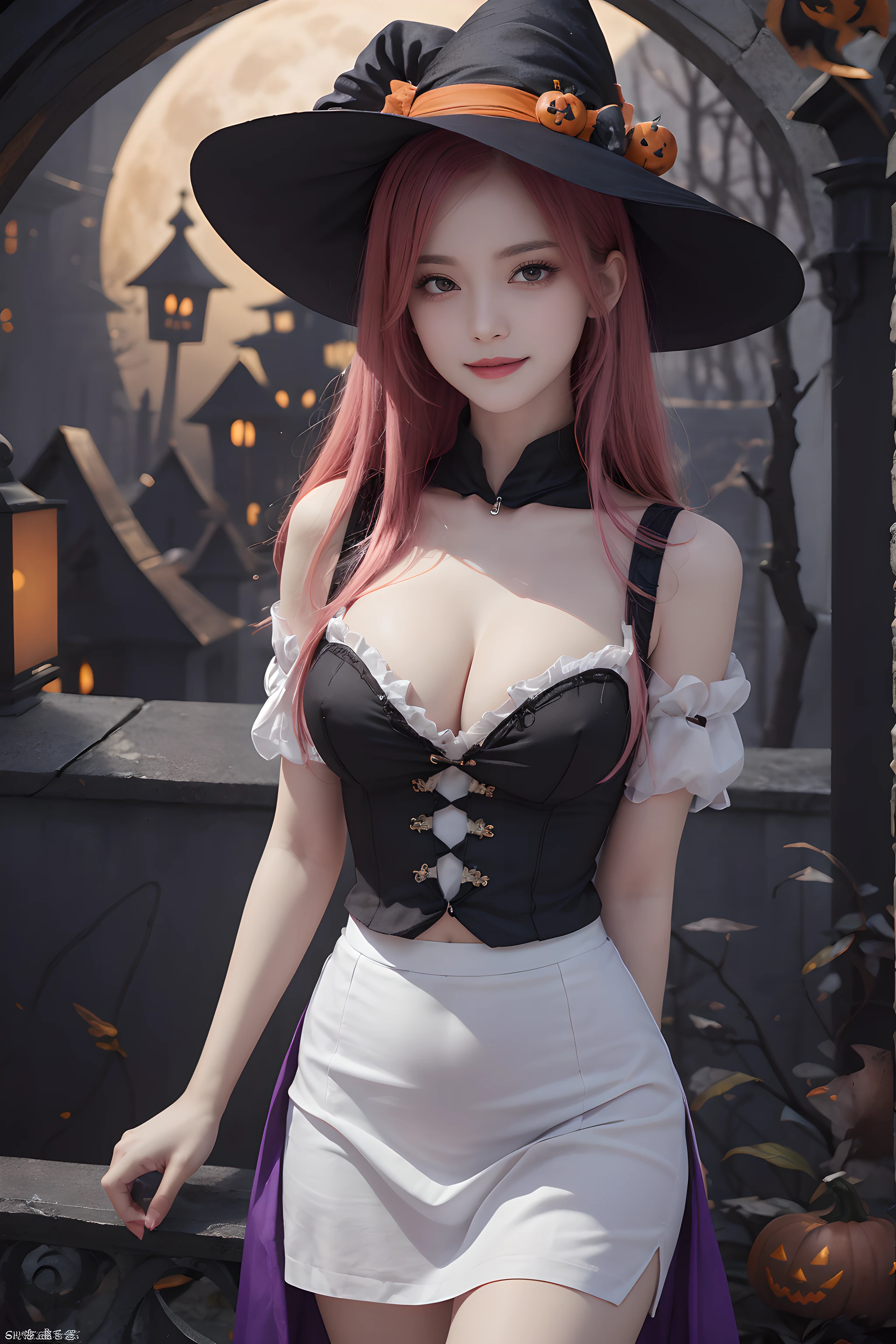 (Halloween theme:1.5), (fantasy:1.5), upper body portrait of a tall very busty beautiful women wearing halloween witch costume, skin tight full lacy ultra detailed embroidery Dirndl, (fusion of orange Dirndl and satin aodai:1.2), (purple skirt:1.3), BREAK, ((;D1.3, evil smile:1.2)), perfect face,perfect eyes,HD details,high details,sharp focus,studio photo,HD makeup,shimmery makeup,celebrity makeup,(( centered image)) (HD render)Studio portrait,magic, magical, fantasy,(huge breast)(large breast), halloween house, jack-o' challenge, pink hair, halloween background, bright pumpkin, (arms down),(arms behind),(moon light:1.3),