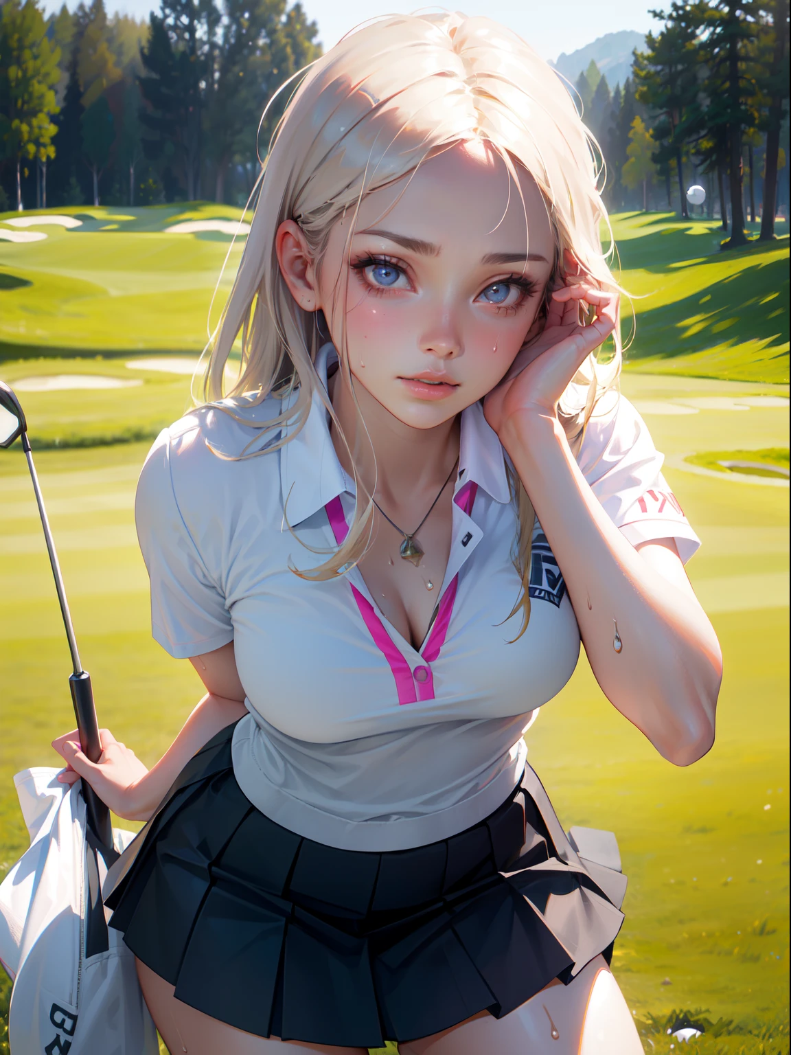 ((((masterpiece, Best Quality, High resolution)))), extremely detailed 8K, (sexy Beautiful 16 years old girl with slim body:1.6),(playing golf:1.6), (Ultra HD, Ultra-detailed, Highly detailed, Highly realistic, Ultra-realistic, photos realistic),{ short depth of field, (god ray:1.2), (bounced front lighting:1.1), (soft diffused lighting:1.6) },(white blonde long wavy hair:1.5), (dynamic sexy poses), (very delicate and natural hair:1.3), facing at camera, light smile, (huge firm breasts: 1.5), (very delicate and natural face, very delicate and natural eyes:1.3),(very delicate and natural clothes:1.2),{(wearing skinny (blue:1.2) golf wear, front button unfastened, chests part widely open, tight white skirt,white knee high socks, (red:1.2) golf shoes, wearing pink golf cap:1.6)}, (pink hard nipples pointing:1.3), Glow, (very Sweat:1.2), (rays of sunshine, Sunlight), sexy long legs,Sexy, Blushing, (ultra realistic wide landscape, photogenic scenery:1.1), standing on golf course, Augusta National Golf Club, neatly arranged green, very windy day, hair blowing in the wind, skirt blowing in the wind