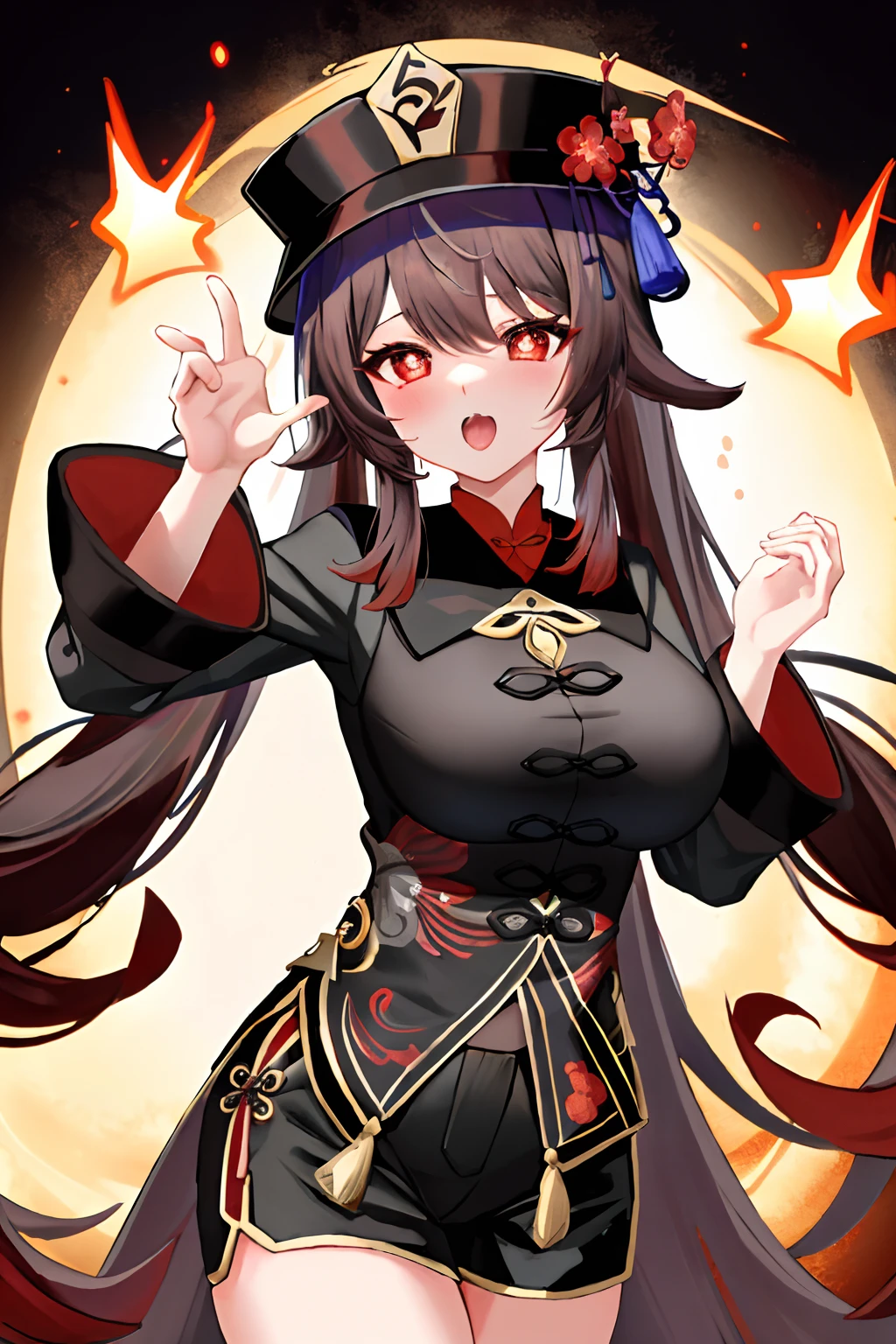巨作, Best Quality,
1girl, Hu Tao (genshin impact), Pu Tao,Hat, red eyes, twintails, brown-haired, 独奏, Symbol-Shaped Pupils, long hair,explosions, black shorts , Chinese clothing, big tits, ahegao, sexy, milf, May be