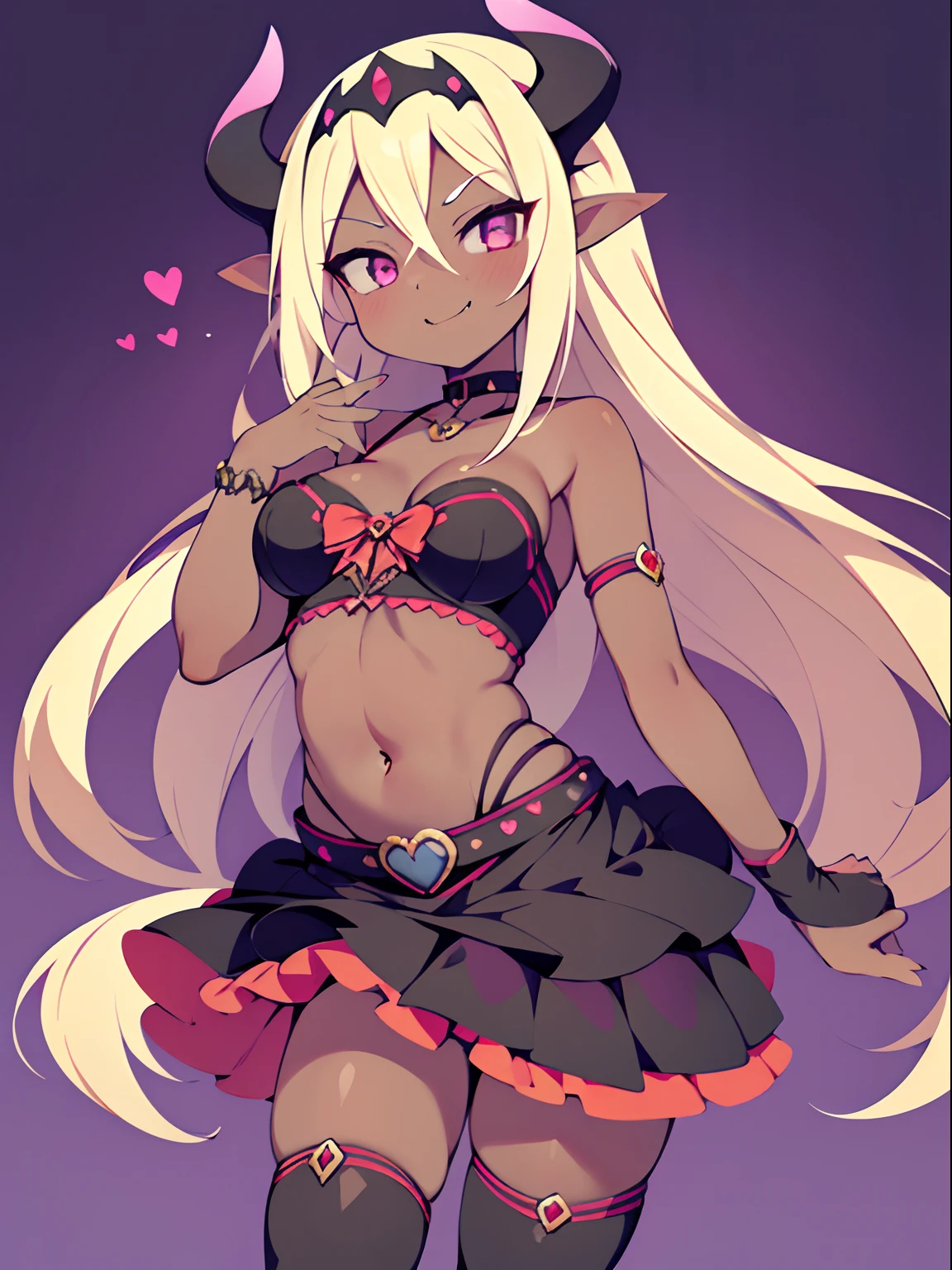 character sheet, Highly detailed and realistic CG, Colorful, Masterpiece, Best Quality, jewel-like eyes, 1girl, solo, blond hair, shiny hair, long straight hair, slender, skinny legs, succubus costume, layered mini skirts, luxury boots, violet eyes, large breasts, side boobs, wavy hand, smirk, smile, jitome, half-closed eyes, standing, contrapposto, tsurime, monochrome background, open mouth, from pov, best quality eyes, fangs, tsundere, stylish pose, floating, jumping, (dark skin:1.2), succubus headdress, succubus wings, succubus tail, ribbon tail, heart choker, navel, belly button,