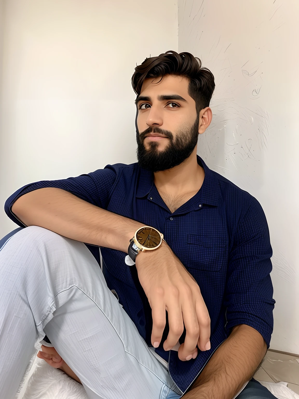 Homem metade areia e metade humano com barba, olhos azuis, cabelo cinza e com tanquinho