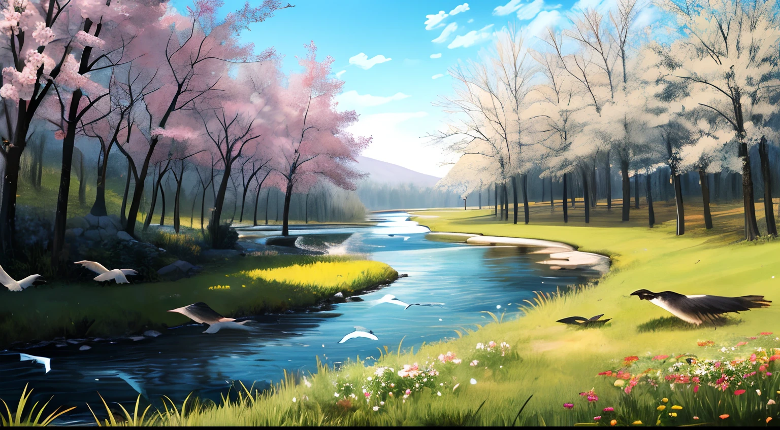 Flowers, grass, trees, wood, birds, rivers, sky