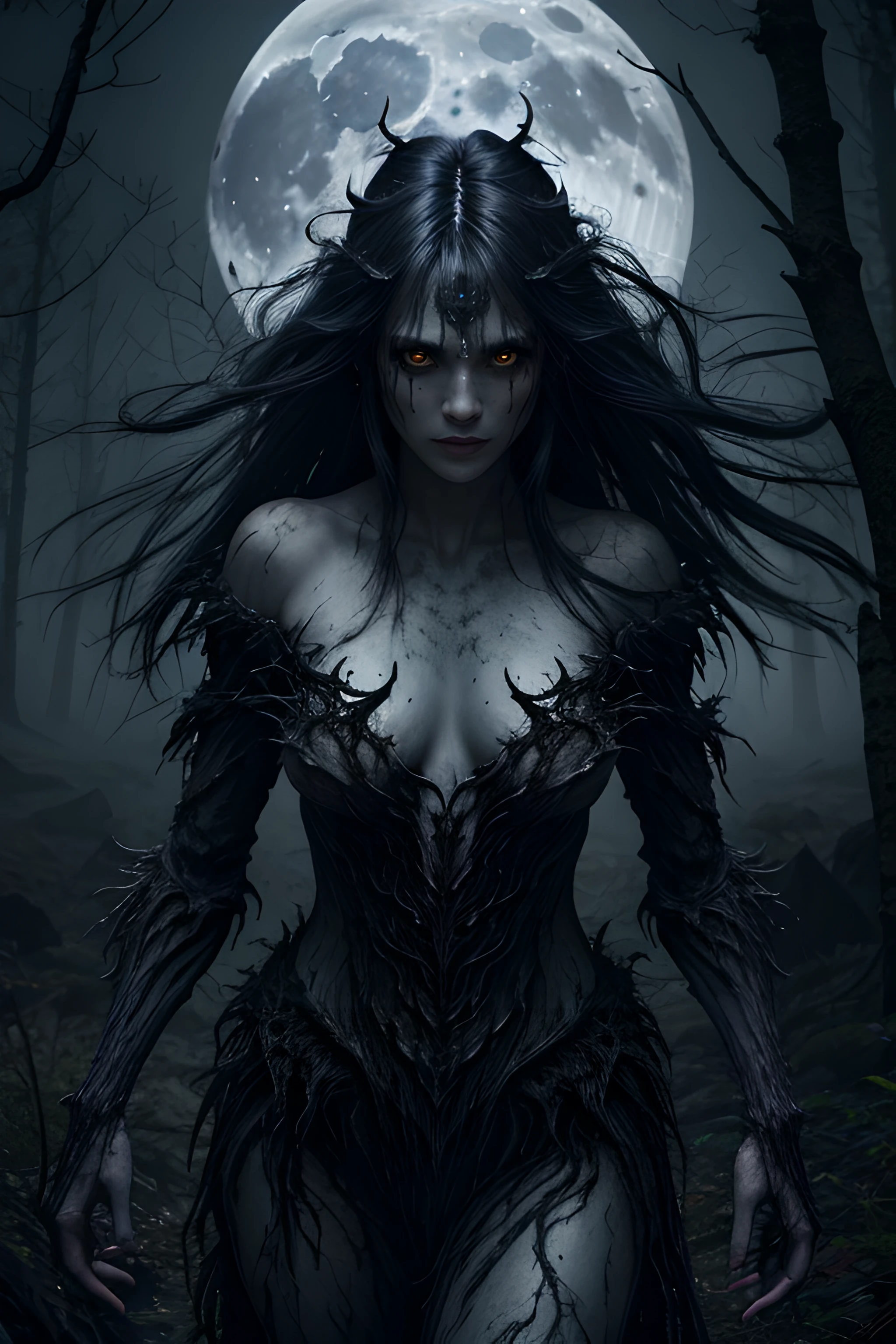 highly detailed, dark fantasy, banshee, messy layered hair, dark forest, dense fog, moonlight