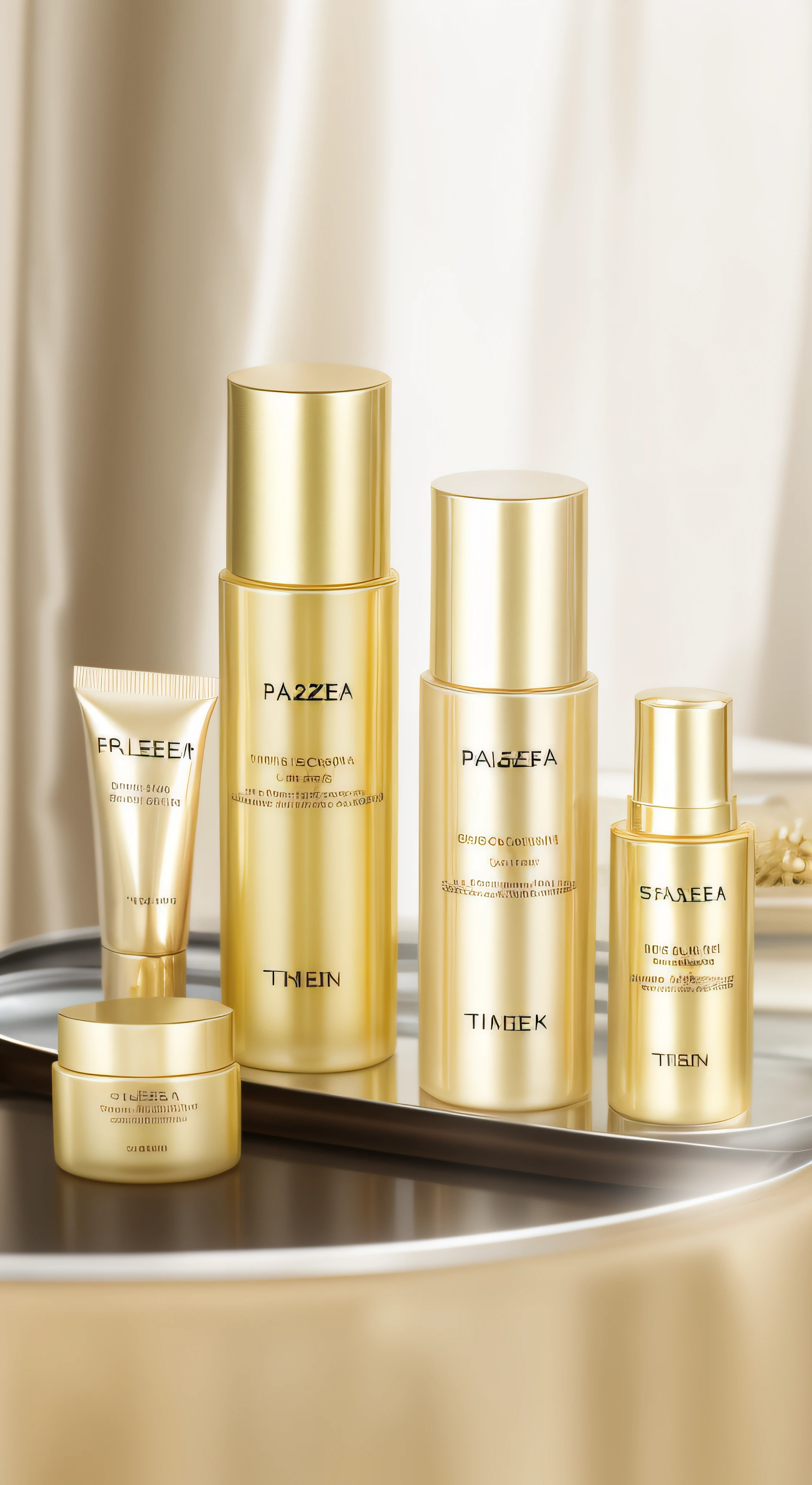 Close-up of a table，There are many different types of skincare products on it, frozen time effect, collection product, ProductAdvertisements, Skincare, skin care, smooth golden skin, everlasting, Golden, freezing, ellegance, Golden complexion, smooth golden skin, luxury item showcase, Titanium, frozen time, Golden skin, Product photo, new design, photoshoot for skincare brand