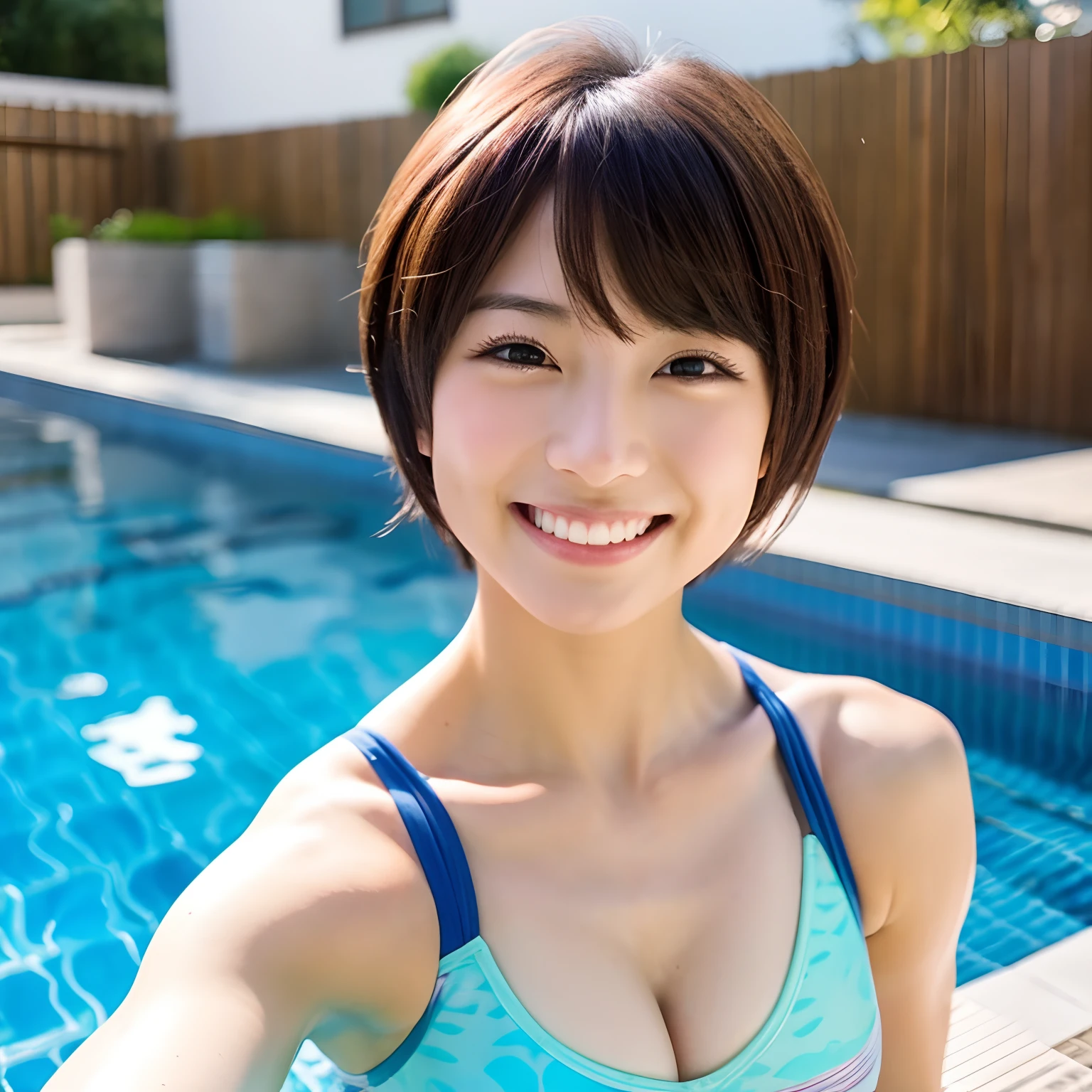 Shortcut Hair,Tea muscle,kawaii,japanes,Chest emphasis,full bodyesbian,front facing,a smile,swimming pools