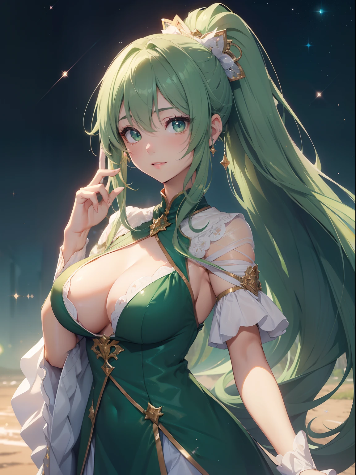 masutepiece, High resolution, 8K, anime woman, Delicate and detailed writing 、Detailed digital illustration、absurdly long hair、(((Ponytail)))、Shiny hair、a very beautiful woman、Eyes are double, Large,Little hanging eyes、 Bust E Cup、High image quality, High quality、Detailed background、、The inside of the eye shines like a diamond、(((Dark green hair)))、Gradient pupil、(((2 arms、4 fingers, 1 thumb)))、Detailed female face、a very beautiful woman、、细致背景、masterpiece、Soft Focus , Bright gradient watercolor , Lens Flare , (((Glitter))) , Glow , Dreamy ,a miniskirt、Idol、Light Green Ribbon、Very beautiful light green rose hair accessories、Light green and gold costume with white as the main color、((Macroface))、(Cool Girl).Tall lady、Dignified.((No bangs))、Eyes with blue gradient glow、Full smile、(((Night Wizard))),(((cosmic background)))、((Decorated long sword))、((Dynamic pose hand holding sword holding sword in hand))
