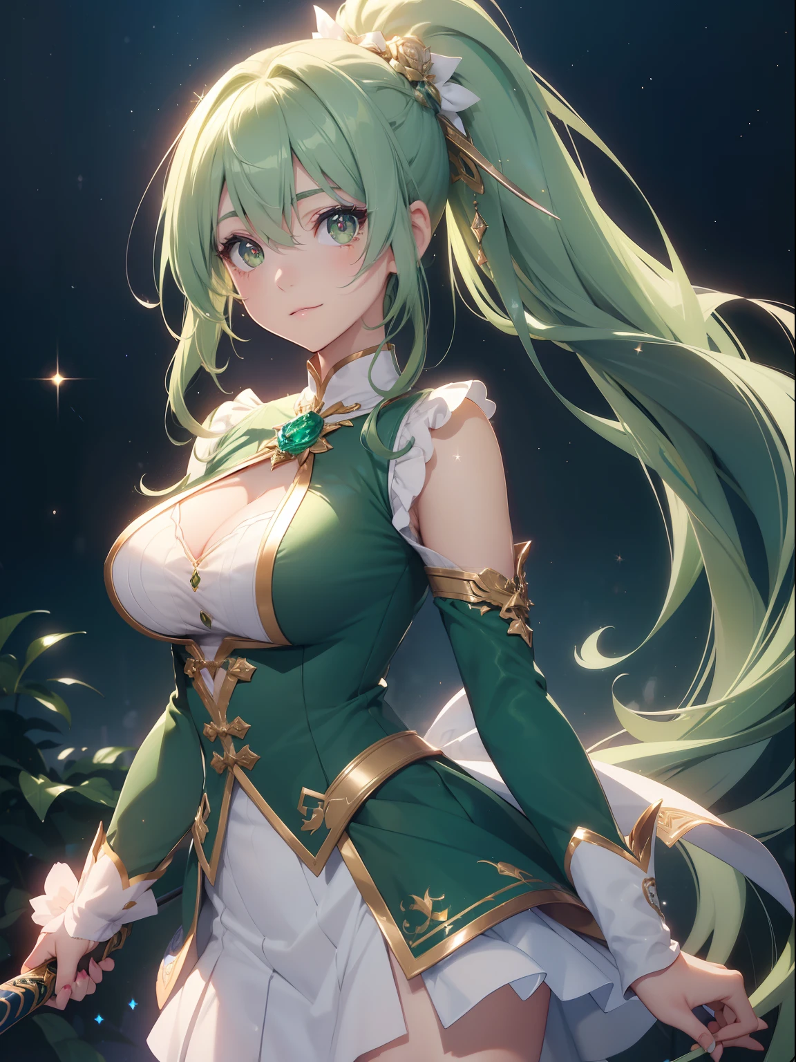 masutepiece, High resolution, 8K, anime woman, Delicate and detailed writing 、Detailed digital illustration、absurdly long hair、(((Ponytail)))、Shiny hair、a very beautiful woman、Eyes are double, Large,Little hanging eyes、 Bust E Cup、High image quality, High quality、Detailed background、、The inside of the eye shines like a diamond、(((Dark green hair)))、Gradient pupil、(((2 arms、4 fingers, 1 thumb)))、Detailed female face、a very beautiful woman、、细致背景、masterpiece、Soft Focus , Bright gradient watercolor , Lens Flare , (((Glitter))) , Glow , Dreamy ,a miniskirt、Idol、Light Green Ribbon、Very beautiful light green rose hair accessories、Light green and gold costume with white as the main color、((Macroface))、(Cool Girl).Tall lady、Dignified.((No bangs))、Eyes with blue gradient glow、Full smile、(((Night Wizard))),(((cosmic background)))、((Decorated long sword))、((Dynamic pose hand holding sword holding sword in hand))
