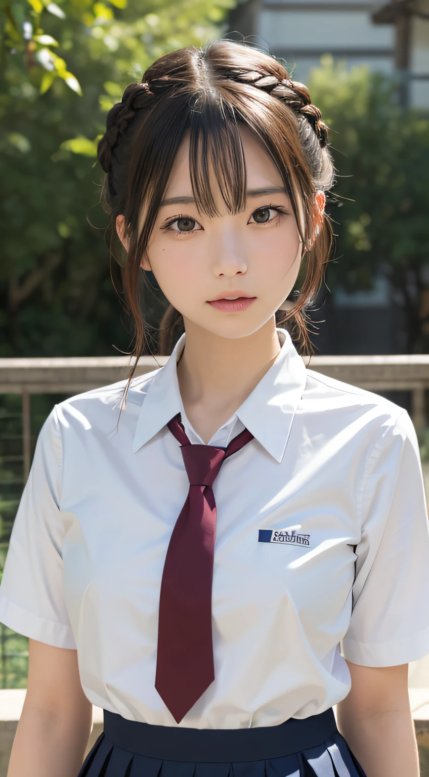 (masutepiece, Best Quality:1.2), 8K, 18year old, 85 mm, Official art, Raw photo, absurderes, White dress shirts, Pretty Face, close up, Upper body, violaceaess, gardeniass, Beautiful Girl, School uniform, (Navy pleated skirt:1.1), Cinch West, thighs thighs thighs thighs, Short sleeve, Braided Side Bun Hair、atlibrary, Looking at Viewer, No makeup, (Smile:0.6), Film grain, chromatic abberation, Sharp Focus, face lights, clear lighting, Teen, Detailed face, Bokeh background, (dark red necktie:1.1)、medium breasts⁩