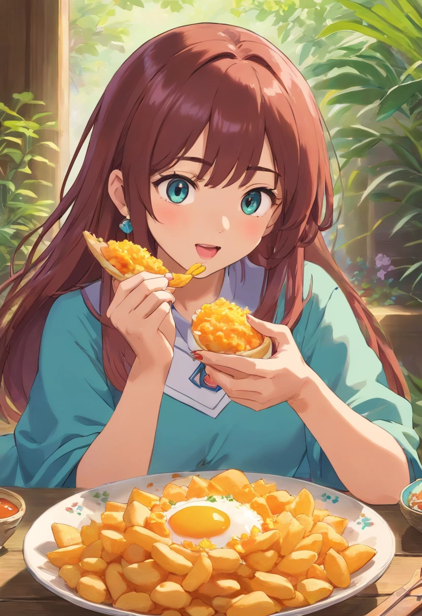Una chica comiendo un huevo frito, un collar largo y pendientes, al estilo de los tranquilos jardinescabos, Colorful animation stills, Masami Teraoka, aguamarina, Paul Gauguin, Estilo Embry, Honest representation
