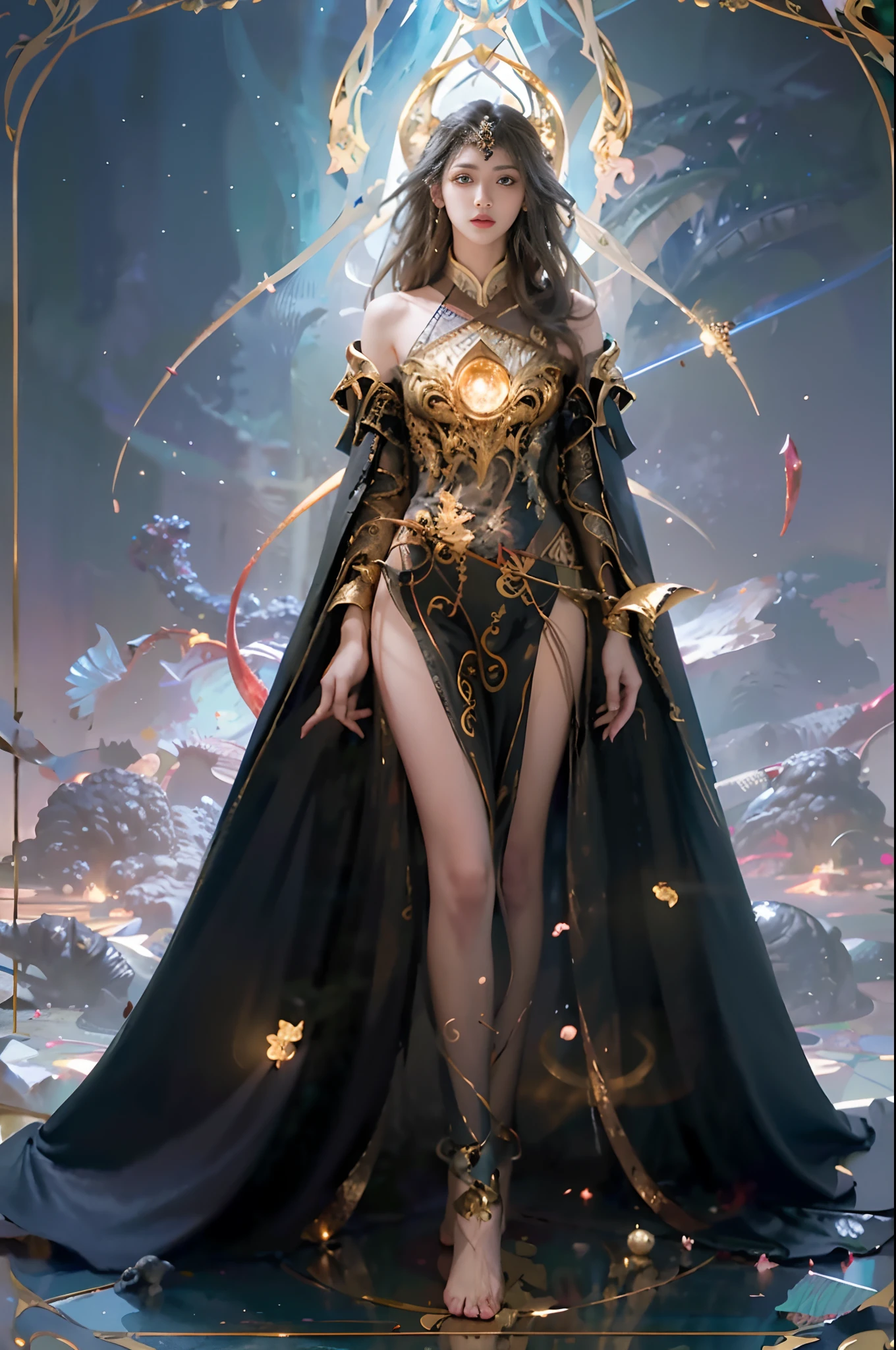 tarot cards，Full tarot border，(The image is surrounded by a tarot card-style border:1.8), (Masterpiece, High quality, Best quality, offcial art, Beauty and aesthetics:1.2),(theelementoffire:1.4),（1 young woman：1.6）,Composed of fire elements，Highly realistic,posing elegantly,Transparency,Sci-fi lighting effects,dress,Flame,hoang lap，climaxing，，brown  hair，best qualtiy，tmasterpiece，（realisticlying：1.4），RAW photos，vibrant with colors，Flow and movement。salama，hilltop，Great giants，Sexy gesture，Barefoot，without wearing shoes，Deep background，Fantastic and incredible，Epic composition，(Complicated details，Hyper-detailing:1.2)，art  stations，（tmasterpiece，best qualtiy）surrealism, shadowing, anaglyph, stereograms, angle of view, Cinematic lighting, 8K, Super detail, ccurate, Best quality, A high resolution, Award-Awarded, Anatomically correct，Burning body，Elaborate Eyes，delicated face，Right eyes，long layered silvery white hair，Black cape，Lots of flames，Buble, shells, Fish, pearls，nautilus，Plants，jelly fish，The corals，Vintage style，（zentangle，datura，Tangles，entangled）， (s fractal art: 1.3)，holy rays，gold foil，Gold leaf art，glitter drawing，Full tarot border，（Full border 1.5），Fang Yi，