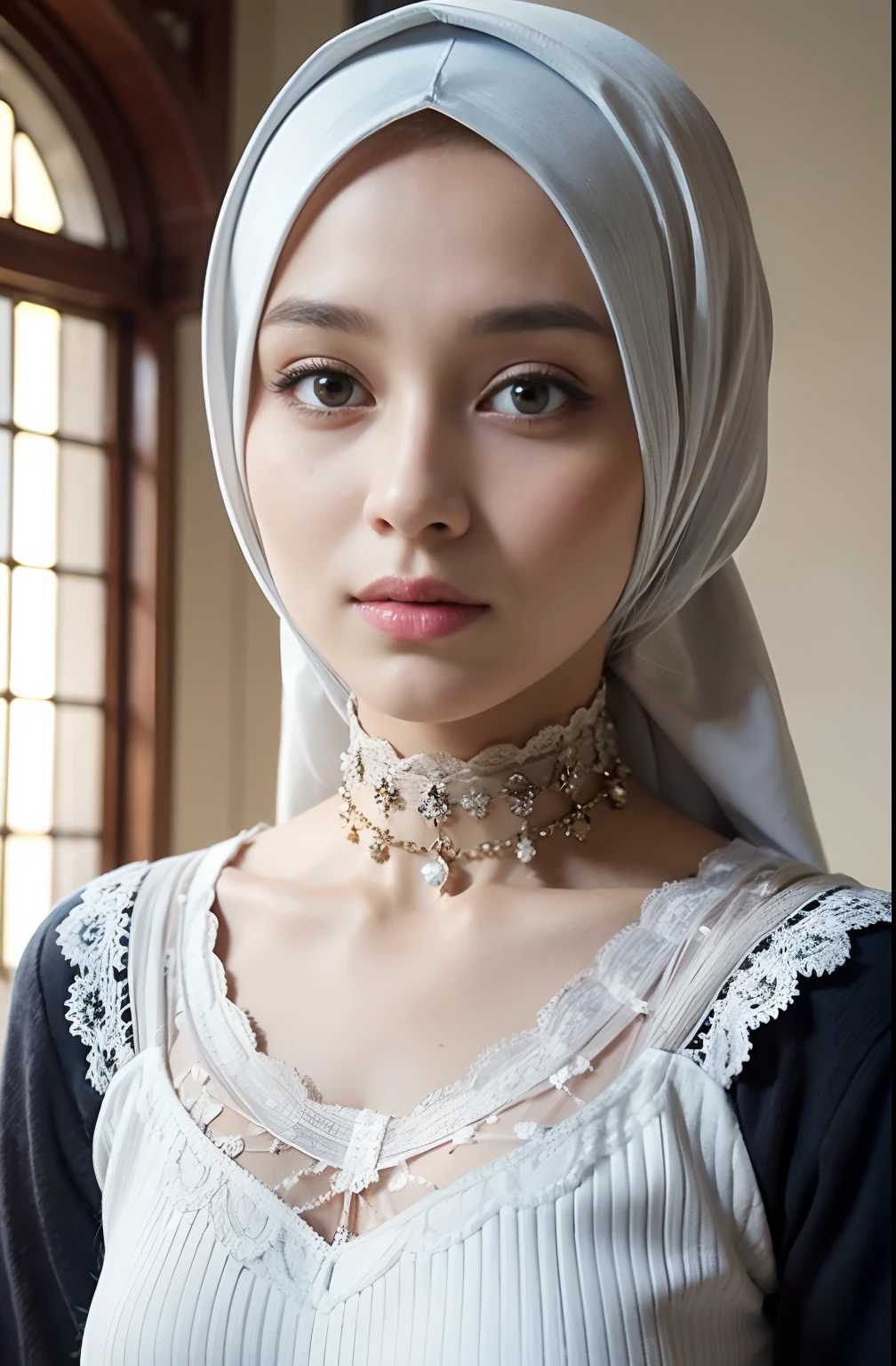 RAW, Best quality, high resolution, masterpiece: 1.3), beautiful swedish  in hijab,Masterpiece, Soft smile, choker