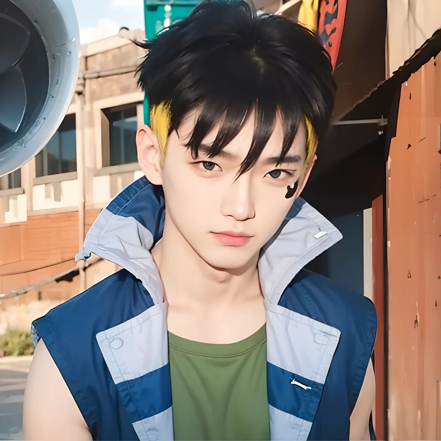 A boy with black and yellow hair, bright gray eyes, realistic Korean handsome face, realistic cool expression, exactly the same clothes,Realistic light, realistic background, realistic shadows