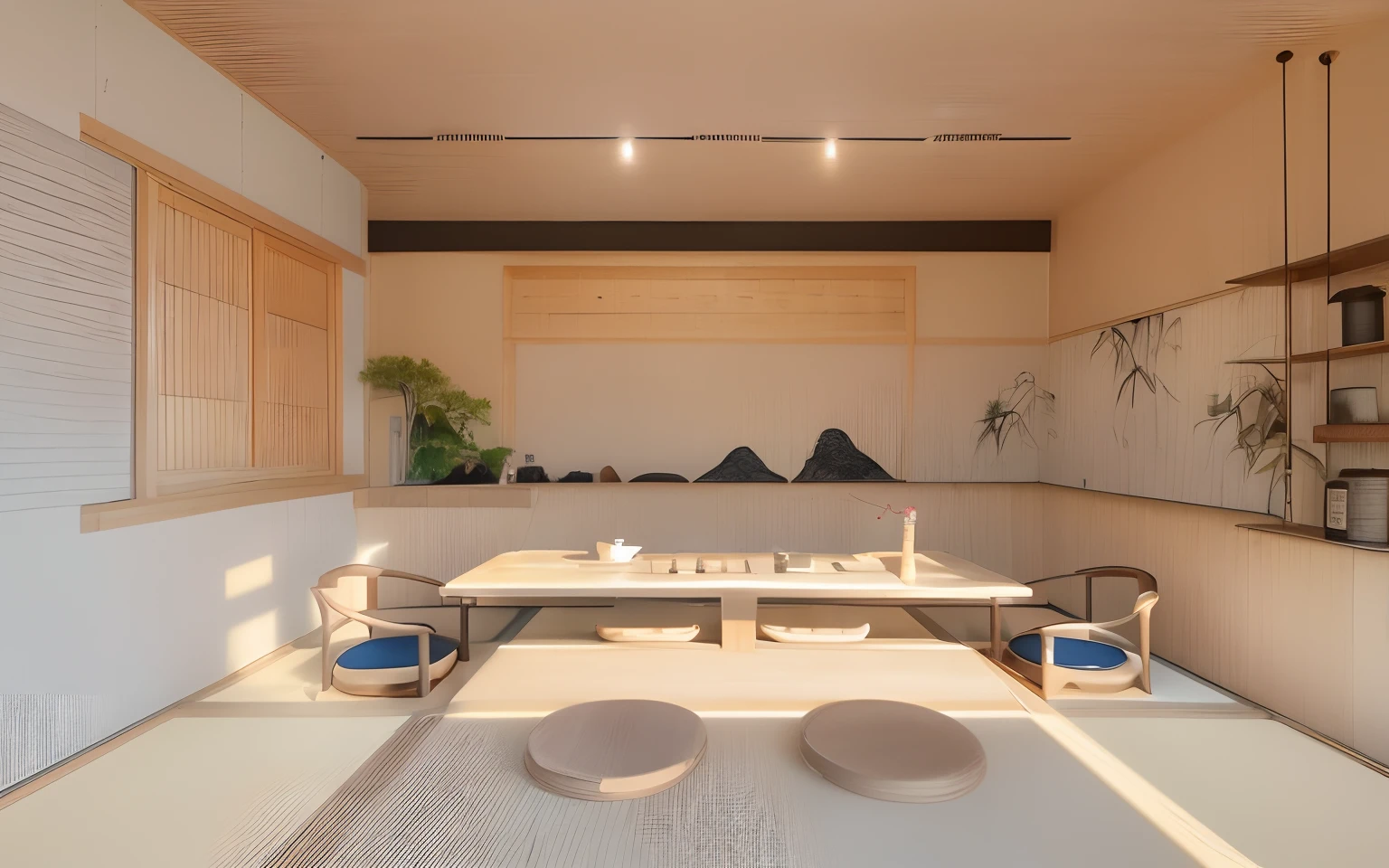 Interior space，The rooms are equipped with tables, chairs and tatami mats, Modern Japanese tea room, There are landscape paintings on the walls，There are wooden windows on the left wall，Magnetic track lights on the roof of the shed，The picture is clean and tidy