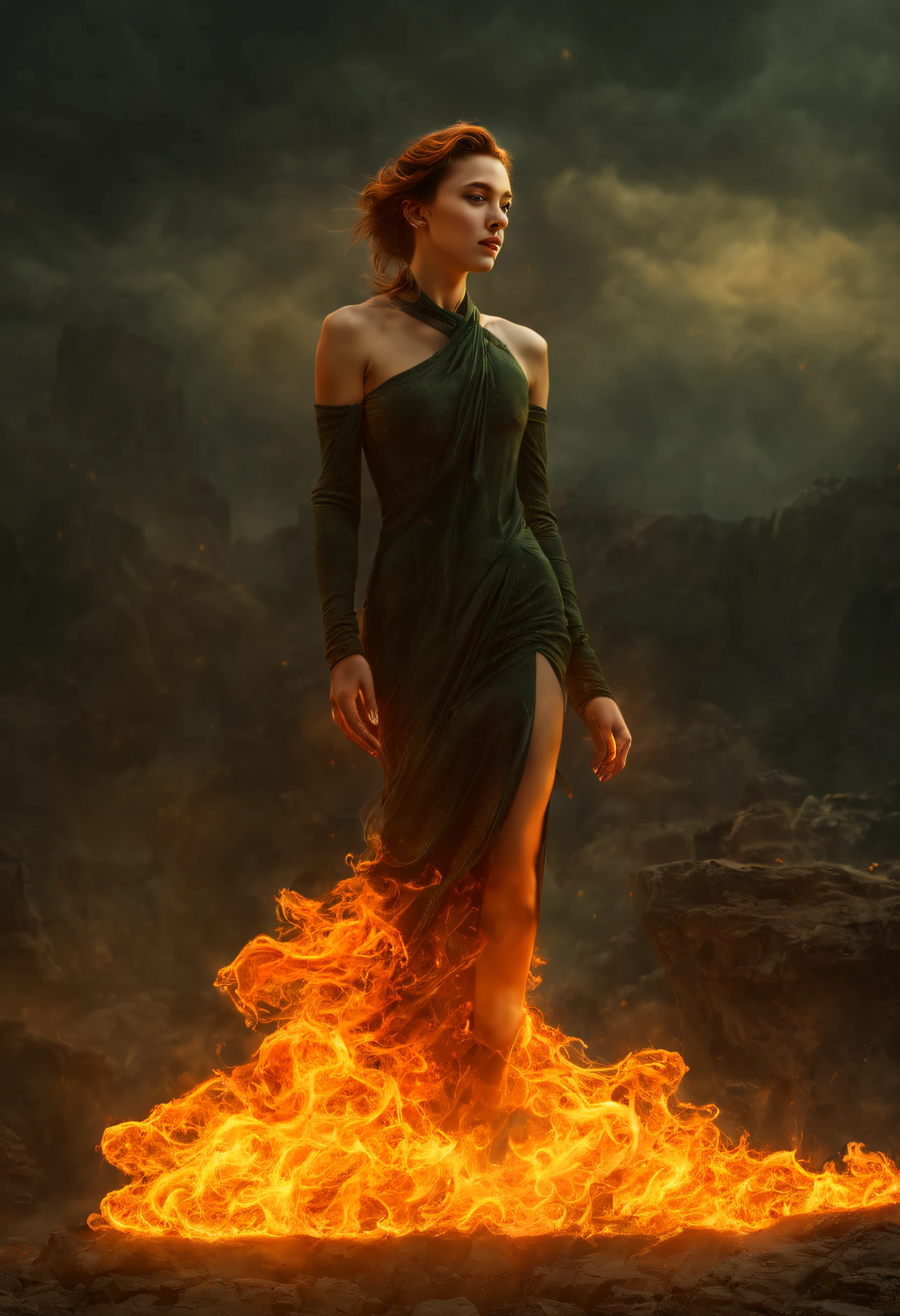 (Masterpiece, High quality, Best quality, offcial art, Beauty and aesthetics:1.2),(theelementoffire:1.4),（1 young woman：1.6）,Composed of fire elements，Highly realistic,posing elegantly,Transparency,Sci-fi lighting effects,dress,Flame,hoang lap，climaxing，，brown  hair，best qualtiy，tmasterpiece，（realisticlying：1.4），RAW photos，vibrant with colors，Flow and movement。salama，hilltop，Great giants，Sexy gesture，Barefoot，without wearing shoes，Deep background，Fantastic and incredible，Epic composition，(Complicated details，Hyper-detailing:1.2)，art  stations，（tmasterpiece，best qualtiy）surrealism, shadowing, anaglyph, stereograms, angle of view, Cinematic lighting, 8K, Super detail, ccurate, Best quality, A high resolution, Award-Awarded, Anatomically correct，The right face，delicated face，Plump，