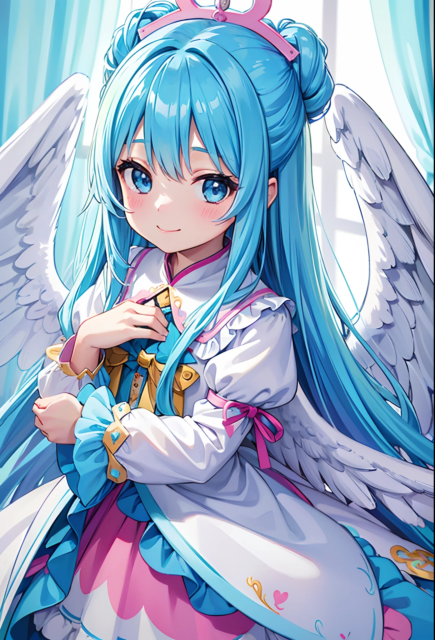 Big wings of colorful angel、Kawaii Girl、adorable smiling、Light blue long hair、Twin-tailed、Colorful angel costume((top-quality))、((masterpiece))、(ighly detailed、highestdetailed、Official art、Beautifully Aesthetic:1.2)