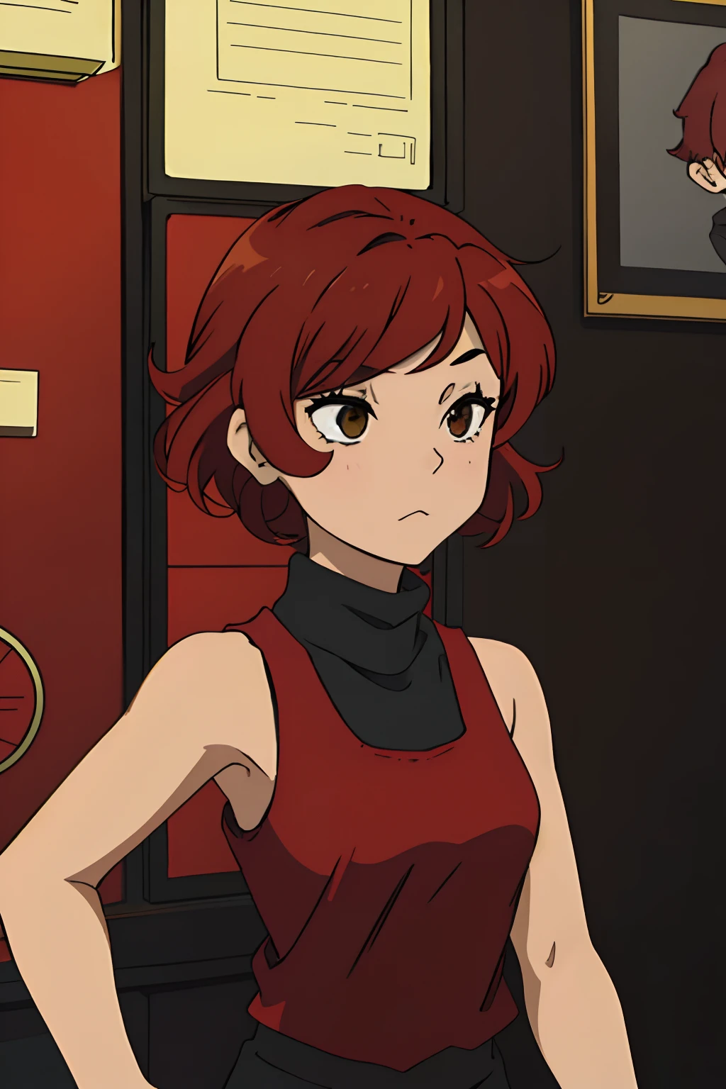 a girl, with short curly hair, red hair, who wears a black turtleneck tank top