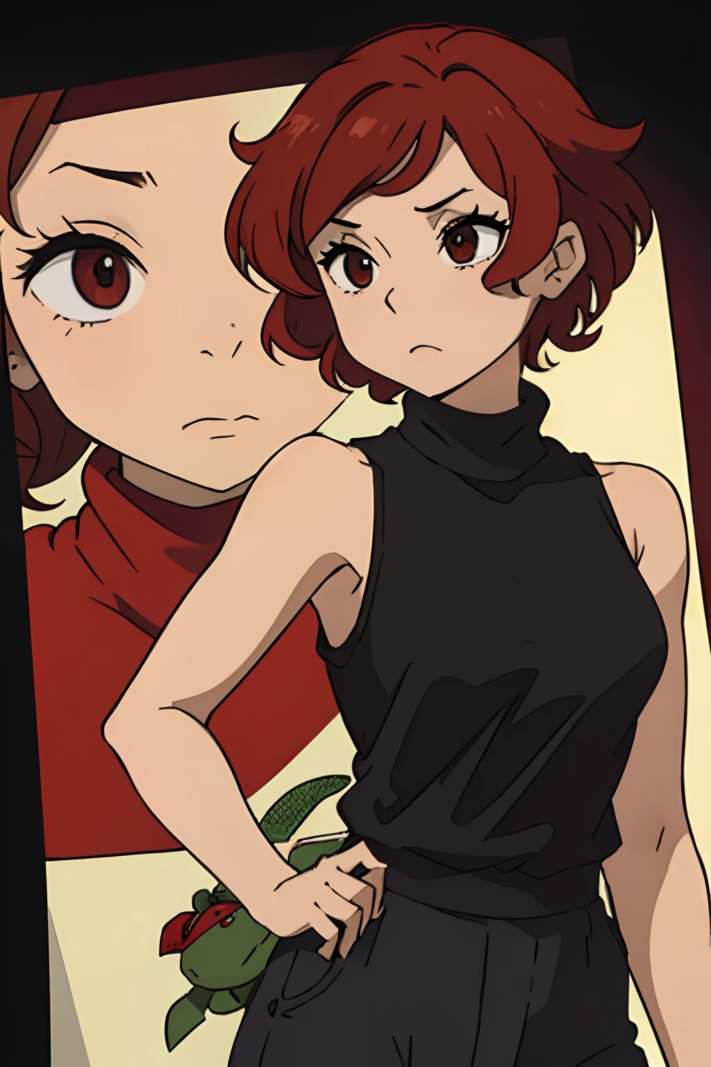 a girl, with short curly hair, red hair, who wears a black turtleneck tank top