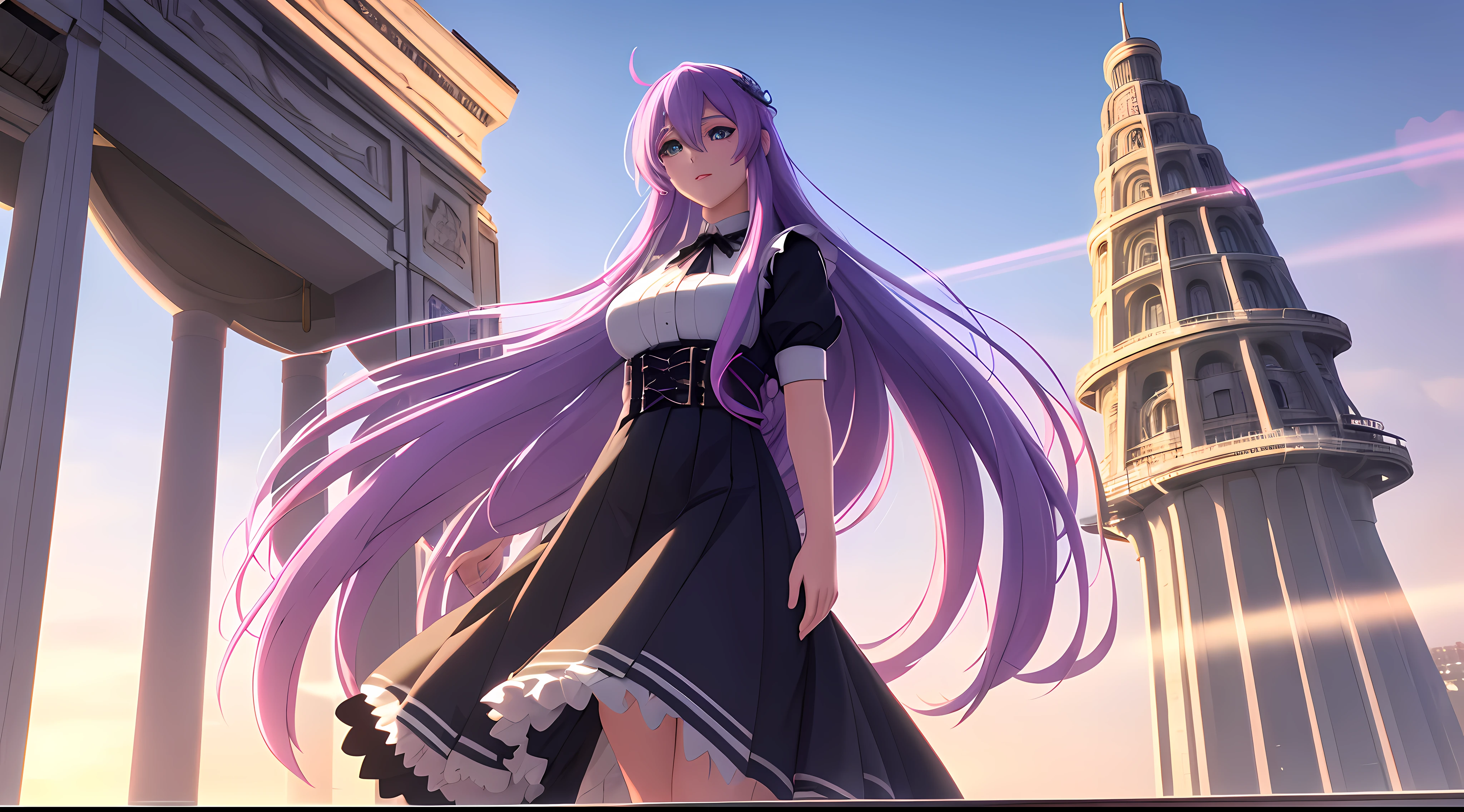 Athena with plain long light purple hair,hair between eyes,green eyes,rosy cheeks,full lips,thin eyebrows,slender body,wearing black maid uniform and full long skirt,cute anime girl,full body,futuristic city rooftop in background,anime style,Lumen Reflections,Screen Space Reflections,Diffraction Grading,Chromatic Aberration,GB Displacement,Scan Lines,Ray Traced,Anti-Aliasing,FXAA,TXAA,RTX,SSAO,Shaders,OpenGL-Shaders, GLSL-Shaders,Post Processing,Post-Production,cell Shading,Tone Mapping,CGI,VFX,SFX,insanely detailed and intricate, 4K,standing, solo, masterpiece, best quality, detailed face, detailed eyes, highres, standing, solo,masterpiece, best quality