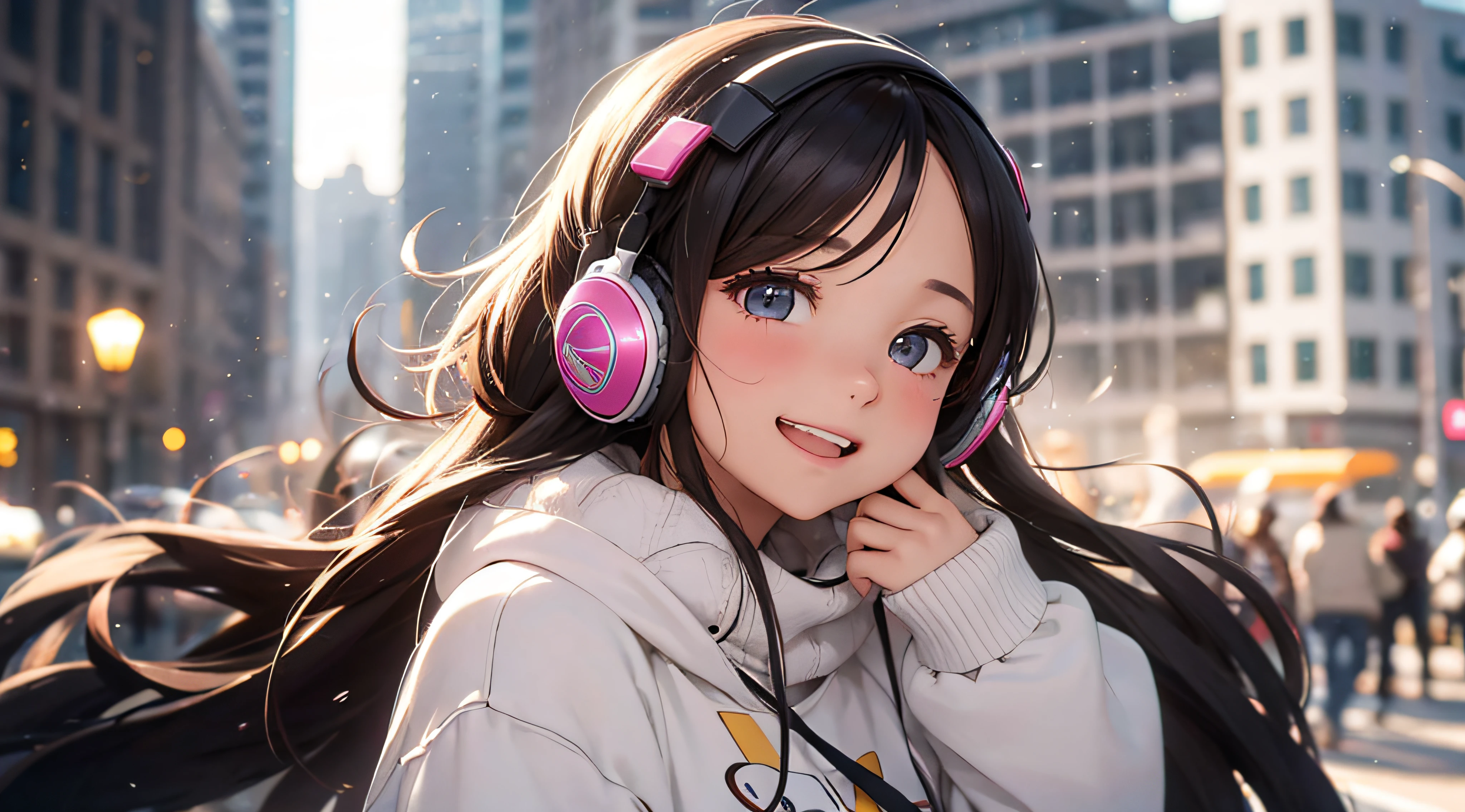a girl, cozy sweater,con casco de musica parte superior del cuerpo, (enorme risa: 1.1), (enormes senos) (boca abierta: 1.1), (ojos bien abiertos: 1.2), resplandor del sol, bokeh, profundidad de campo, fondo borroso, light particules, viento fuerte, (heart particles: 1.1)