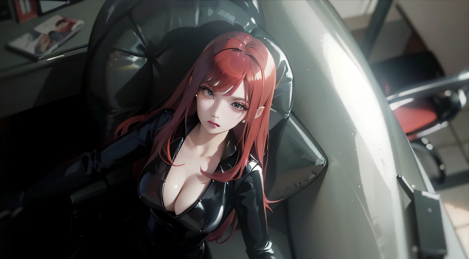 a red-haired woman, an anime character, attired in a skin-tight shiny black latex leather catsuit that features a low neckline revealing a large chest. She sits on a chair with a serious expression on her face. The background is dark, creating a stark contrast with her brighter-colored hair.