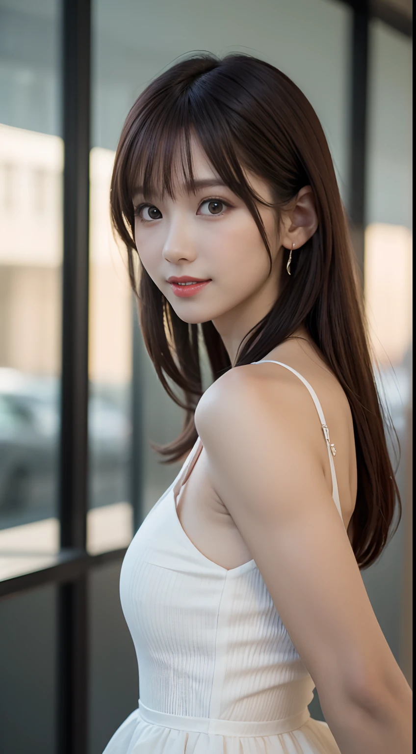 White see-through blouse,Face Interview, (Photo Real:1.4), (hyper realisitic:1.4), (realisitic:1.3), (Smooth lighting:1.05), (Improve video lighting quality:0.9), 1womanl, a 20 yo woman, Realistic lighting, Back lighting, Facial light, raytrace, (cheerfulness:1.2), (Improved image quality:1.4), (Finest Real Textured Skins), finely eye, a small face, Red cheeks, skinny body, medium-breasted pointed jaws,,,,,,, Korean Idol, Nogizaka Idol, glowy skin, hposing Gravure Idol, P, Blunt bangs, light brown hair, hair behind ear, hair over shoulder, Long hair,Tear bag，Summer plateau、White Dress、Fashionable city、Like a model in a magazine