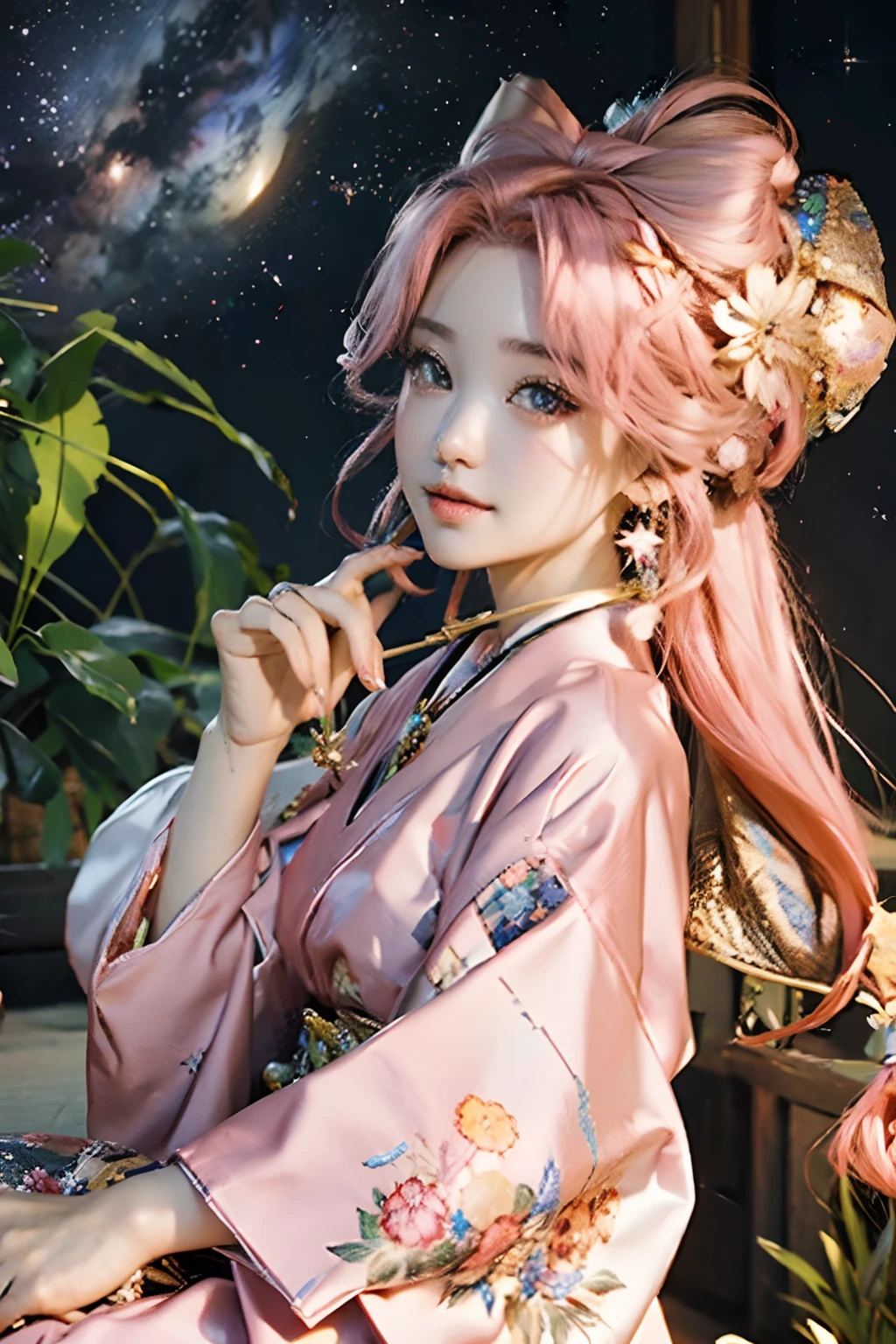 Masterpiece, Best quality, Night, stars, Cityscape, Real, Huge_filesize, the wallpaper, Colorful, Girl, Long hair, Pink hair, Drill hair, hair tying, Beautiful detailed eyes, view the viewer, Seductive smile, Japanese_clothes, Obi, frilled legwear, Hair_flower, hair pin, flower ribbon, Hair_bow, Earrings, jewelry, Bracelet,