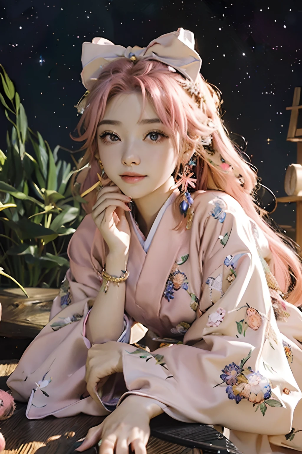 Masterpiece, Best quality, Night, stars, Cityscape, Real, Huge_filesize, the wallpaper, Colorful, Girl, Long hair, Pink hair, Drill hair, hair tying, Beautiful detailed eyes, view the viewer, Seductive smile, Japanese_clothes, Obi, frilled legwear, Hair_flower, hair pin, flower ribbon, Hair_bow, Earrings, jewelry, Bracelet,