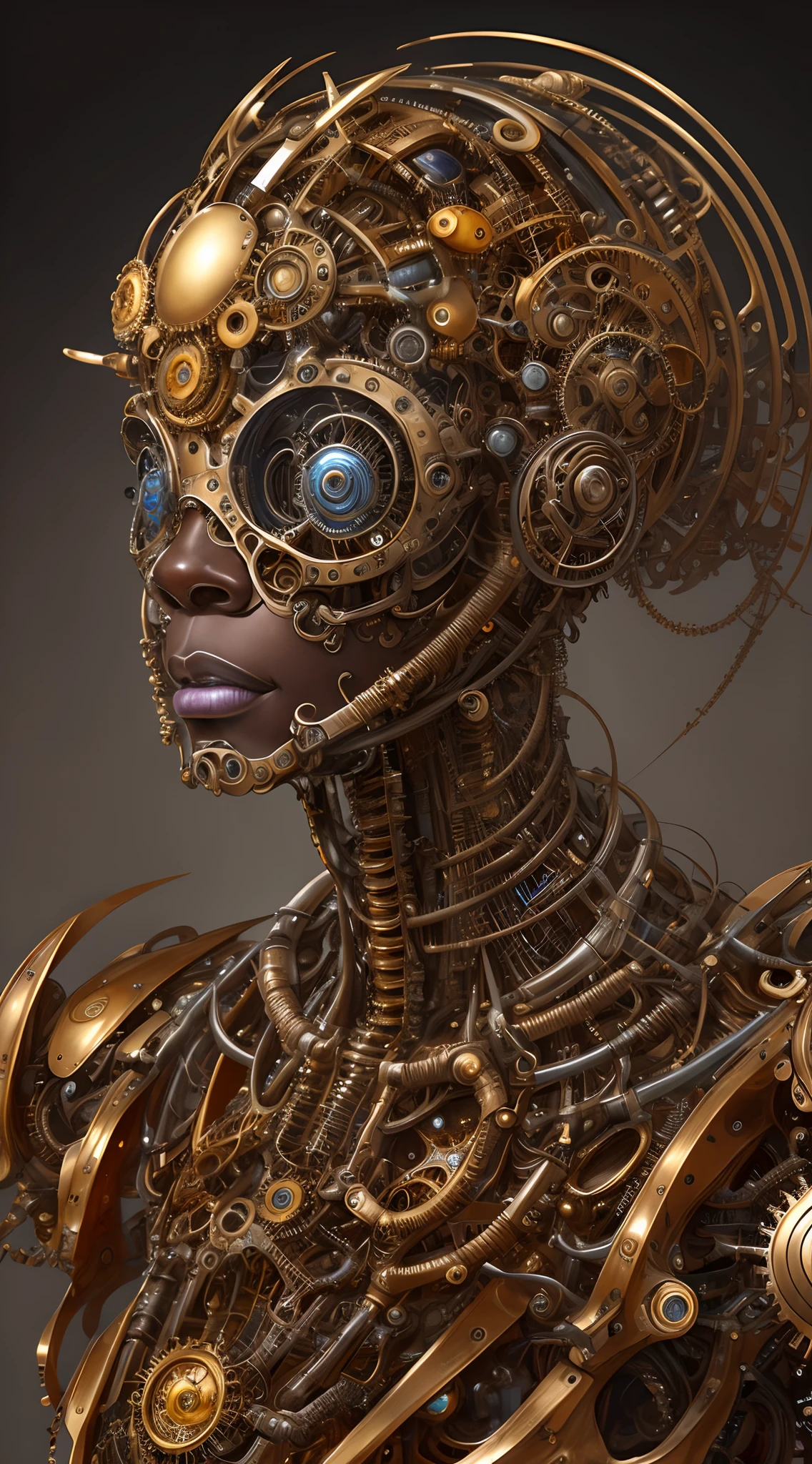 Artwork in the style of Vladimir Kush, WLOP and James Jean highly detailed and intricate portrayal of a mechanical or cybernetic face, likely inspired by steampunk and futuristic themes. The face, appears, African features, metallic and mechanical components, gold