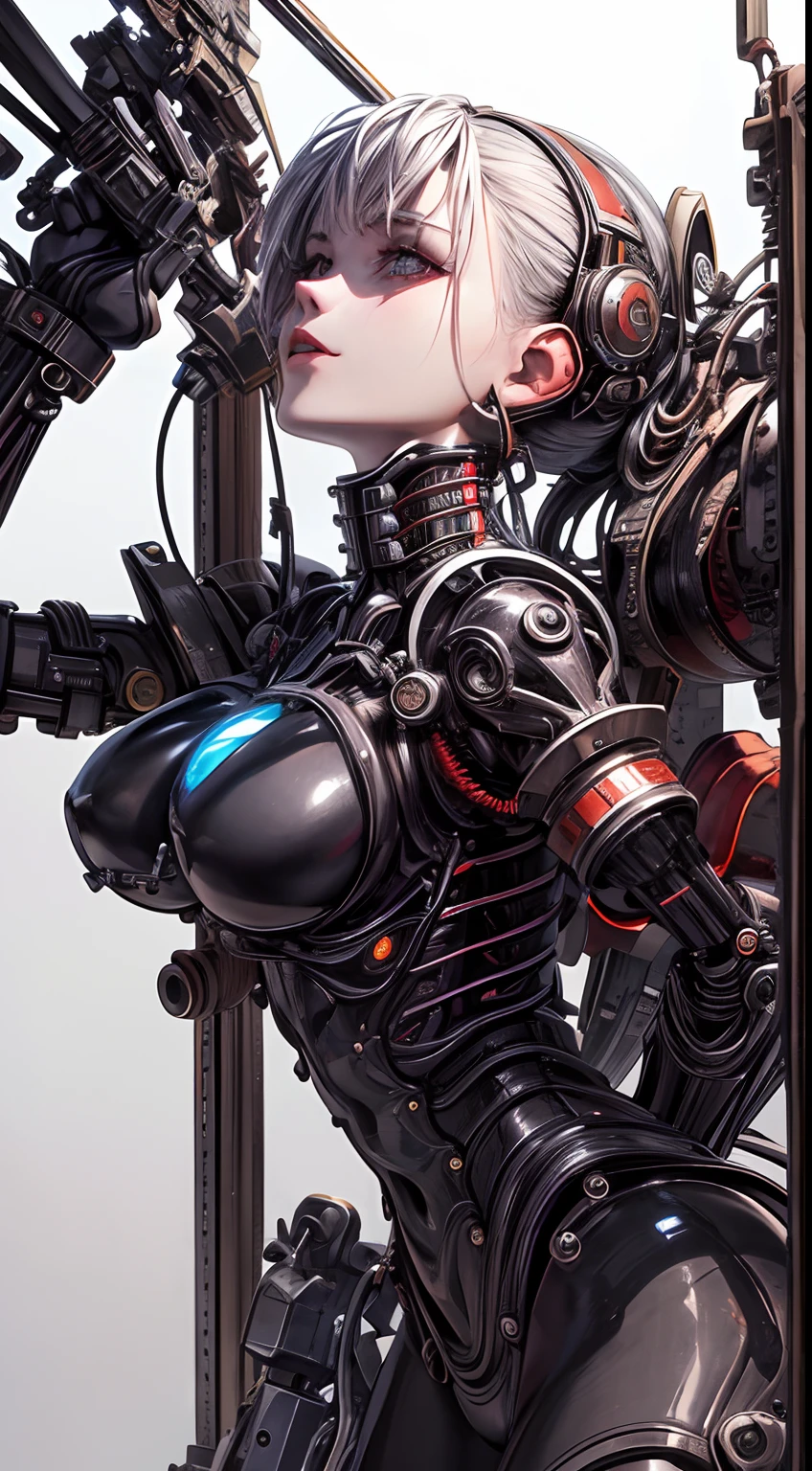 (((Masterpiece))), ((Best Quality)), (Super Detail), (CG Illustration), (Very Evil and Beautiful)), Cinematic Light, ((1 Mechanical Girl)), Single, (Mechanical Art: 1.4), ((Mechanical limb)), (Blood vessel attached to a tube), ((Mechanical spine attached to the back)), ((Mechanical cervical vertebrae attached to the neck), (Back to the viewer)), expressionless, ( Wires and cables attached to the head and body: 1.5), Science Fiction, Apocalypse, Ruins, (Lower Body Integrated with Mechanical Devices), (Blood: 1.5), Cruelty, Absurdity, Eroglotesque, Fusion with Machines, Doomsday Time, Super Future, Inorganic, Laboratory, Restraint, (Beautiful Indulgence: 1.2), (1 Girl: 1.3)