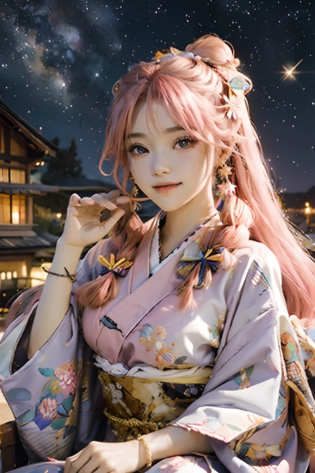 Masterpiece, Best quality, Night, stars, Cityscape, Real, Huge_filesize, the wallpaper, Colorful, Girl, Long hair, Pink hair, Drill hair, hair tying, Beautiful detailed eyes, view the viewer, Seductive smile, Japanese_clothes, Obi, frilled legwear, Hair_flower, hair pin, flower ribbon, Hair_bow, Earrings, jewelry, Bracelet,