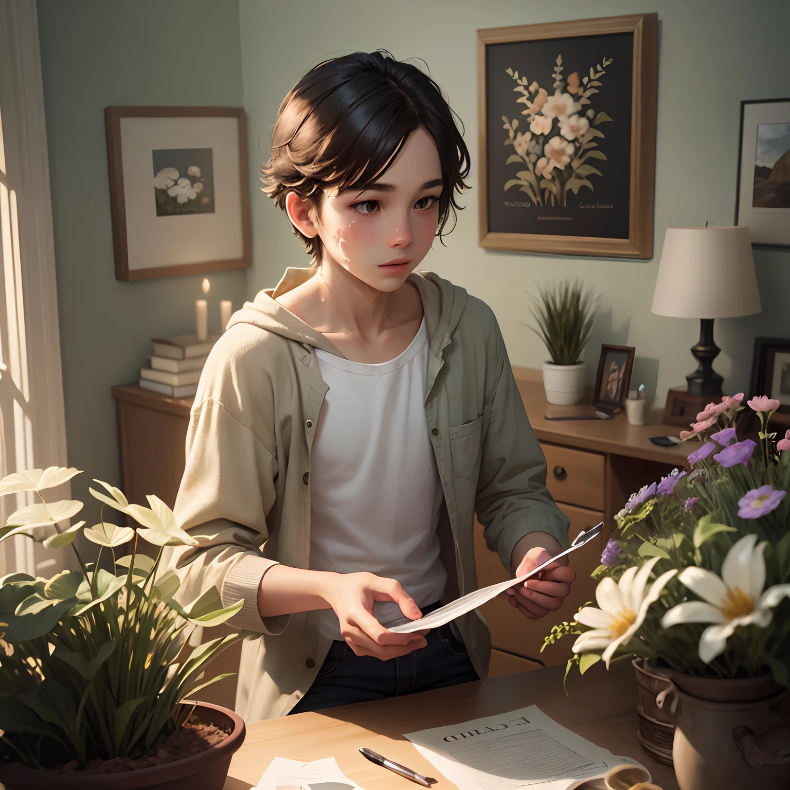 Skincare illustration poster design,planar,Not C4D,A boy with,Grass-centric skincare,solid color backdrop,Decorate with flowers,lamp lights & Shadows,exquisite detailing,Positive perspective,imagination,Dream,Warmth