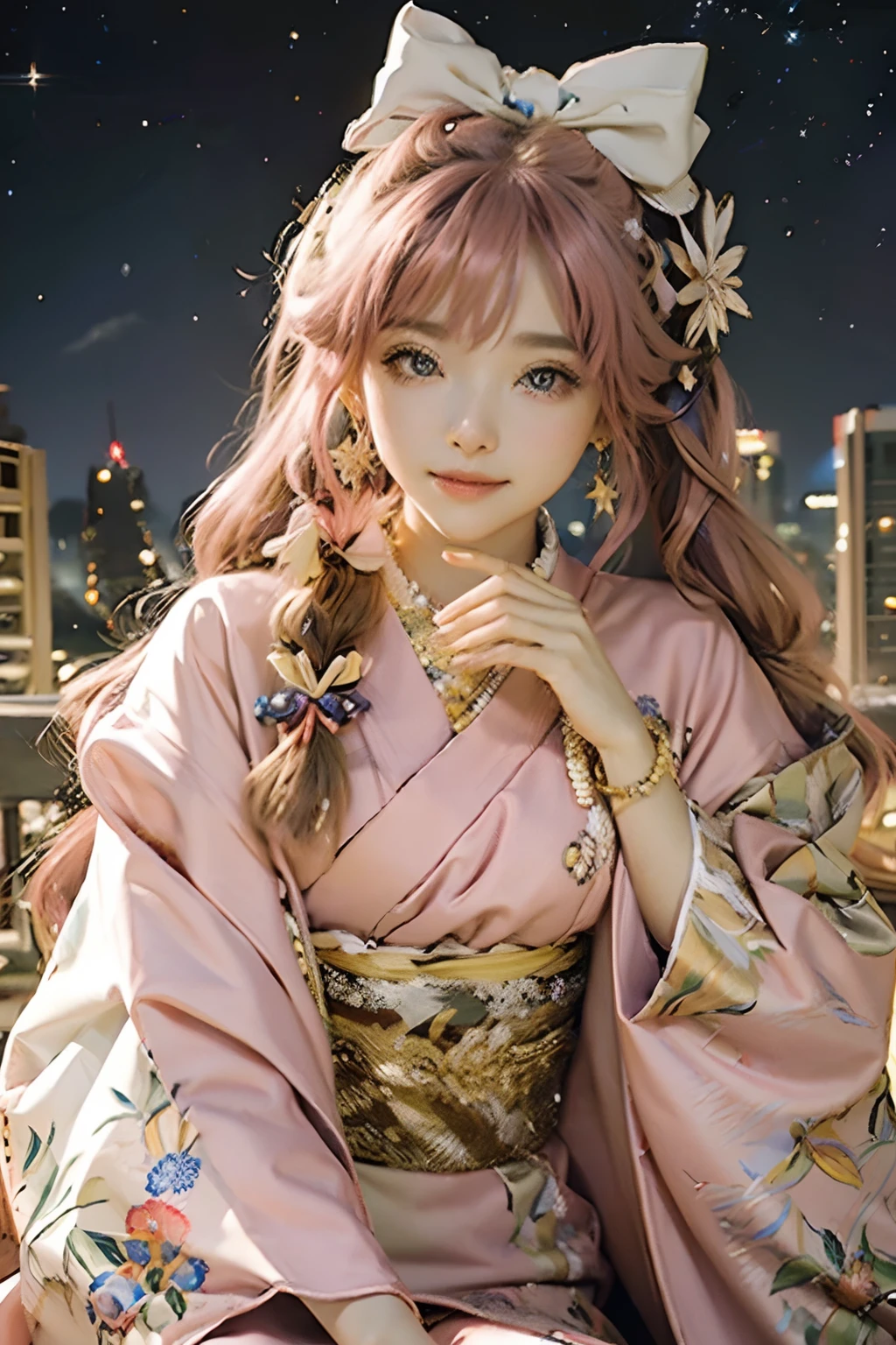 Masterpiece, Best quality, Night, stars, Cityscape, Real, Huge_filesize, the wallpaper, Colorful, Girl, Long hair, Pink hair, Drill hair, hair tying, Beautiful detailed eyes, view the viewer, Seductive smile, Japanese_clothes, Obi, frilled legwear, Hair_flower, hair pin, flower ribbon, Hair_bow, Earrings, jewelry, Bracelet,