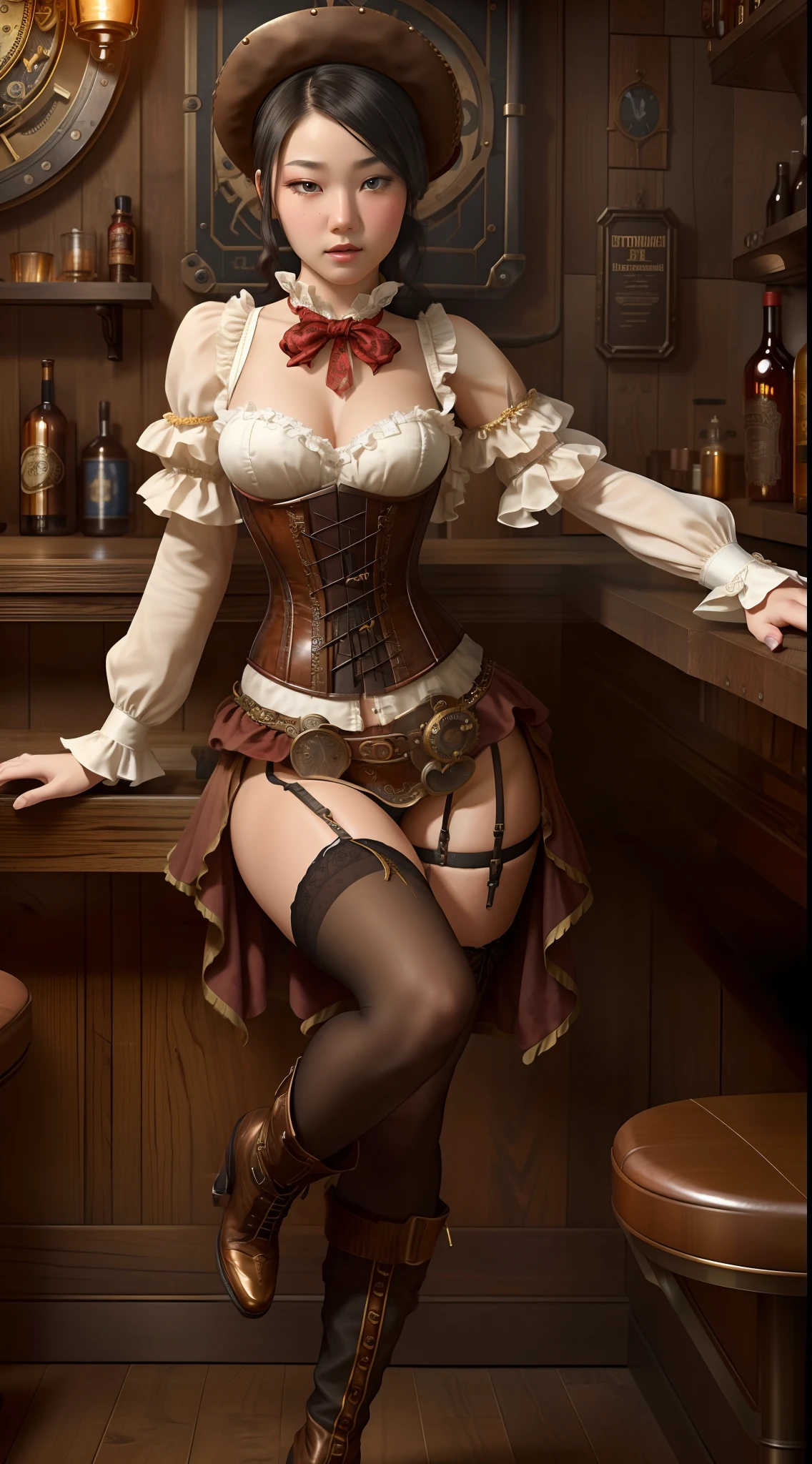 1girl, Asian young woman sitting near ((bar counter)) in ((steampunk western saloon)), wearing ((red steampunk corset)), ((black steampunk petticoat)), ((white steampunk stockings)), ((high steampunk boots on heels)), makeup, ((steampunk style)), seductive, y, hot, sultry, shapely, full body render, fine detail, highest quality, skin texture, intricate details, (cinematic lighting), RAW photo, 8k, perfect face, perfect body, beautiful, hyperrealism, trending on artstation
