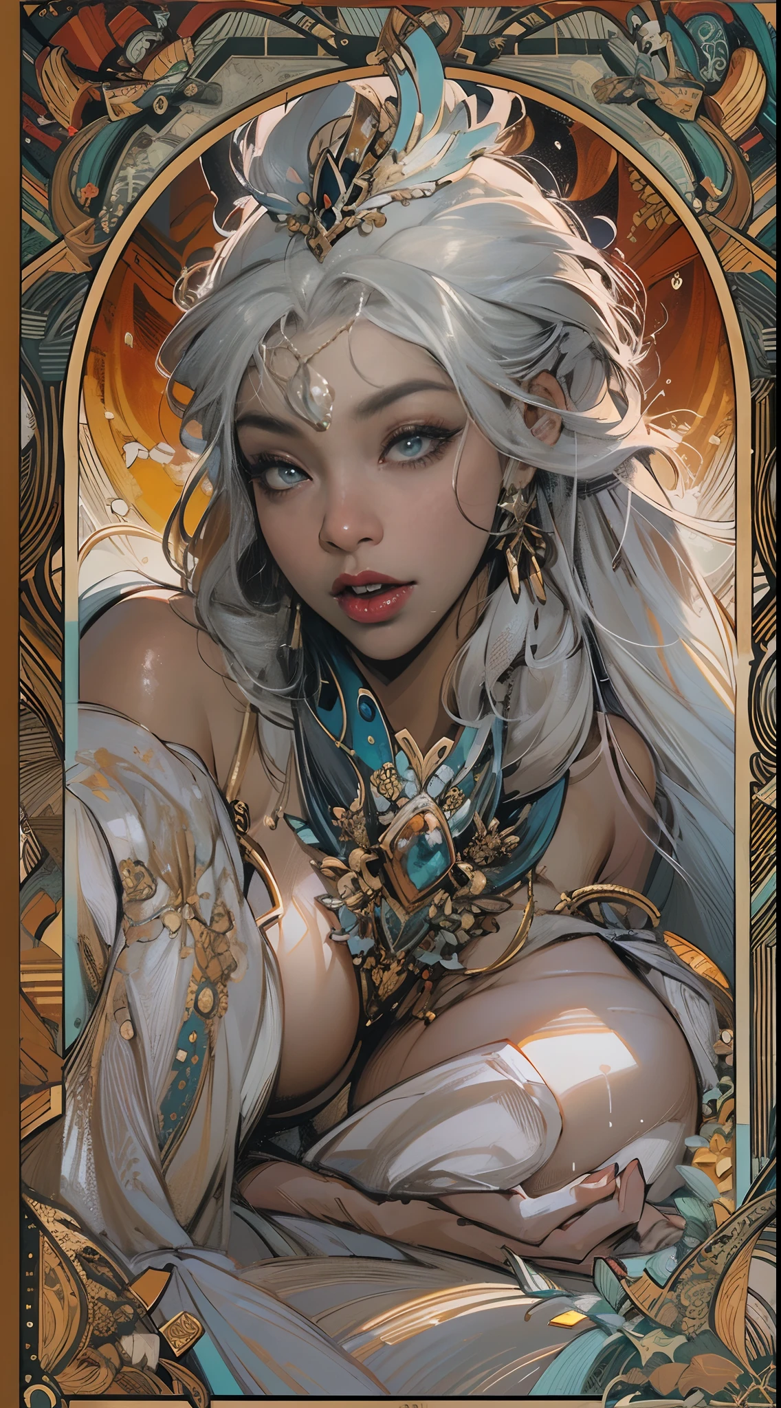 tarot cards,Full tarot border,(The image is surrounded by a tarot card-style border:1.8), Black Woman Ahegao,Silver hair,A heartwarming smile,Thick lips,Elongated eyes,Charming eyes,(Beautiful and detailed eye description),Snow-whiteskin,mature,Redlip(Very fine and beautiful),ultra - detailed,tmasterpiece,))happy laughing,Open-mouthed,Barefoot,without wearing shoes,In the depths of the ocean,(((tmasterpiece),(Very detailed CG unity 8K wallpaper)),best qualtiy,cinmatic lighting,detailed back ground,Sexy gesture,(Correct face 1.6)(Wearing:Red slip dress,soaked pubic hair,Metal trims,Skirt,),Flowing skirt,expose arms,(Background with:Ruins of Atlantis,),(Beneath your feet:Destroyed buildings,)Deep background,Fantastic and incredible,Epic composition,(Complicated details,Hyper-detailing:1.2),art stations,(tmasterpiece,best qualtiy)surrealism, shadowing, anaglyph, stereograms, angle of view, Cinematic lighting, 8K, Super detail, ccurate, Best quality, A high resolution, Award-Awarded, Anatomically correct,Seafoam, Buble, shells, Fish, pearls,nautilus,Plants,jelly fish,The corals,Vintage style,(zentangle,datura,Tangles,entangled), (s fractal art: 1.3),holy rays,gold foil,Gold leaf art,glitter drawing,Full tarot border,(Full border 1.5),Fang Yi,