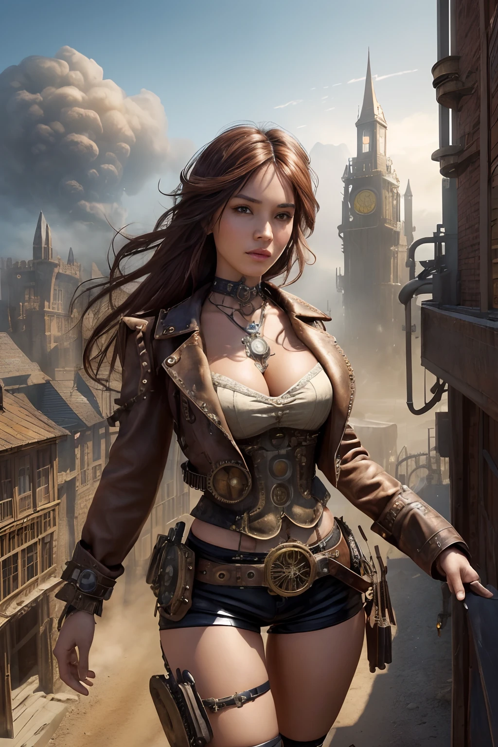 realistic, detailed, realistic details, intricate detail
break,
1girl, solo, cyborg, (((mechanical arms, mechanical legs))), long hair, choker, beautiful, slender, petite, cleavage, small breast, detailed skin complexion, tanned skin, silky skin, bustier, open leather jacket, skin tight shorts, dynamic pose,
break,
(((fantasy environment, medieval cityscape, fantasy world, steampunk))), intricate and detailed background, volumetric fog, people in background, wild west
break,
portrait, wide perspective, f1.4/35mm,  depth of field, proportion, sharp focus, depth and dimension, proportion, rule of third