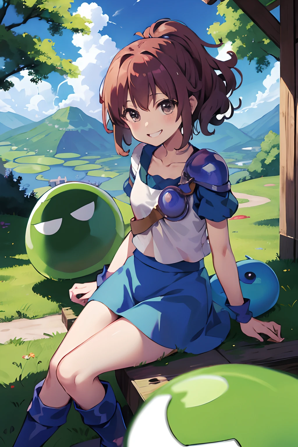 masutepiece, Best Quality, hight resolution, 1girl in, Nadja 1、Short hair、Puyo Slime、Little Puyo Puyo、Small slime、Slime Cute Monsters、Puyo Puyo、s Armor、a blue skirt、long boots、High Ponytail、Curly hair、plein air、small tits、Look at viewers、Show your teeth and smile、sitting on