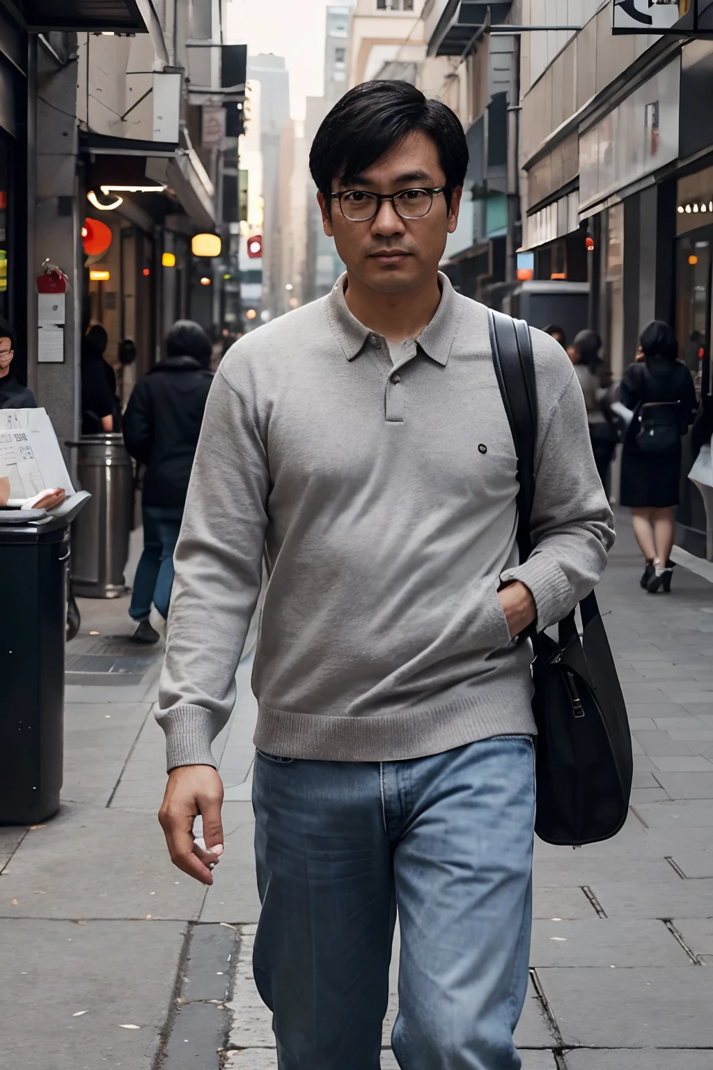 An ordinary Asian man in his 40s, with short black hair，Wear casual clothes - a gray sweater over a white-collared shirt, Jeans and black glasses. He was holding a leather briefcase in one hand, When he walks the whole street after work. There was a serious and contemplative expression on his bespectacled face，Because his plump figure crosses the background of the city, Go home after a long day at the office，Ask for a full-body image