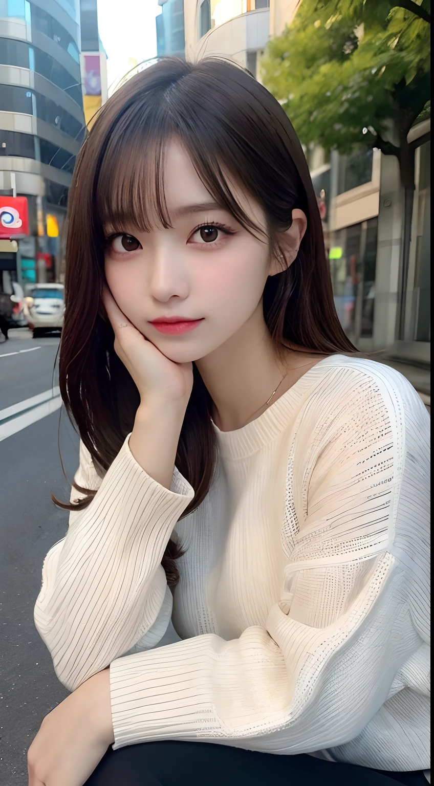 masutepiece, Best Quality, Illustration, Ultra-detailed, finely detail, hight resolution, 8K Wallpaper, Perfect dynamic composition, Beautiful detailed eyes, turtle knit winter clothes,Medium Hair,small tits,Natural Color Lip, entranceway、20 years girl、Cute、Show your sexy look to the camera,Face that feels ecstasy,blur backgroun,KPOP Idol Face,Cute,Shot from slightly above,Kamimei,Blur background