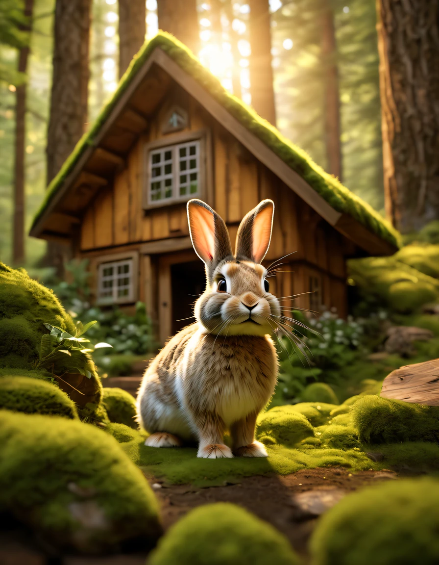 A personified rabbit climbing a mountain, a small wooden house emerging in the dense forest, (best quality, 4k, 8k, highres, masterpiece:1.2), ultra-detailed, (realistic, photorealistic, photo-realistic:1.37), textured fur, vibrant colors, sunlight filtering through the trees, peaceful atmosphere, mystical environment, golden sunset hues, light streaming into the wooden house, shadows dancing on the forest floor, moss-covered trees, lush foliage, a bubbling brook nearby, a picturesque landscape, fluffy rabbit ears twitching, the rabbit's bright eyes filled with curiosity, the wooden house with intricate carvings, vibrant flowers blooming around the house, the scent of wildflowers in the air, a winding path leading up the mountain, a sense of adventure and exploration, the rabbit's paws gripping the rocky terrain, a sense of determination in its posture, a captivating scene where nature meets imagination.