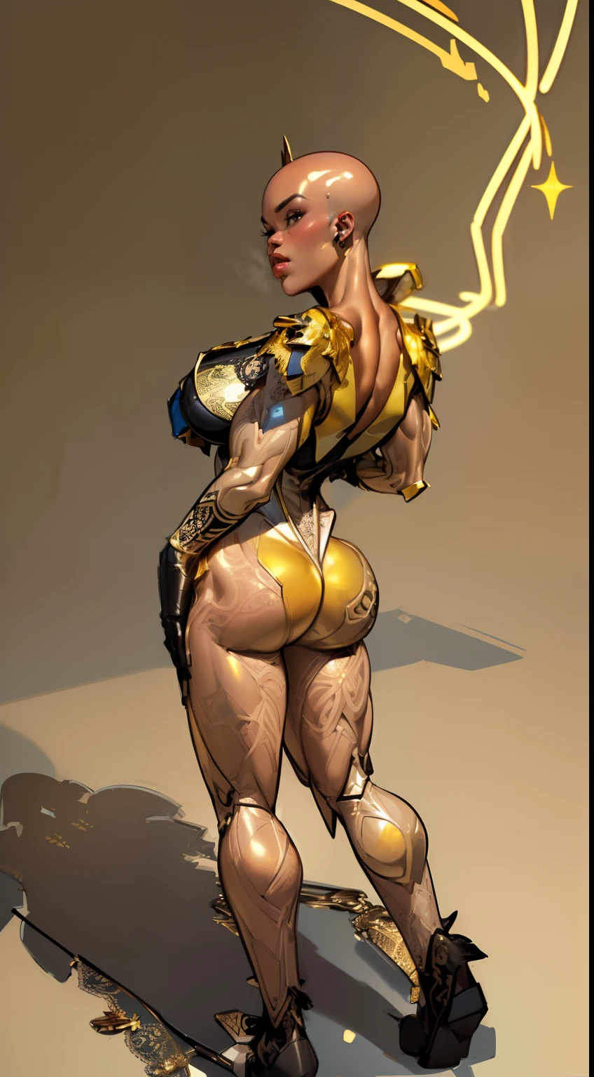 8k ((above view:1.3)), ((full body view))((back view:1.4))(large eyes:1.3), defined cheekbones, looking back, ((the pit style:1.4))((sleek dark tan bodysuit:1.6)) ((intricate lace details:1.6))detailed face:1.5), blue skin,(puffy lips:1.5) (blue skin:1.6), (bald woman:1.7), (skinhead) ((sexy pose)),((((Muscular:1.5)))), ((gigantic breasts:1.5)), )highly detailed, Volumetric lighting, baroque oil painting by Greg Rutkowski, Artgerm, WLOP, dynamic angle,((intricate neon lines on bodysuit:1.3)), majestic, digital photography, best shadow, light particles, art by artgerm and ruan jia and greg rutkowski, ((gold shoulder pads:1.6)), (masterpiece), sidelighting, intricate details, (((gold and tan color palette))), gold ass, tan legs, reflective metal material