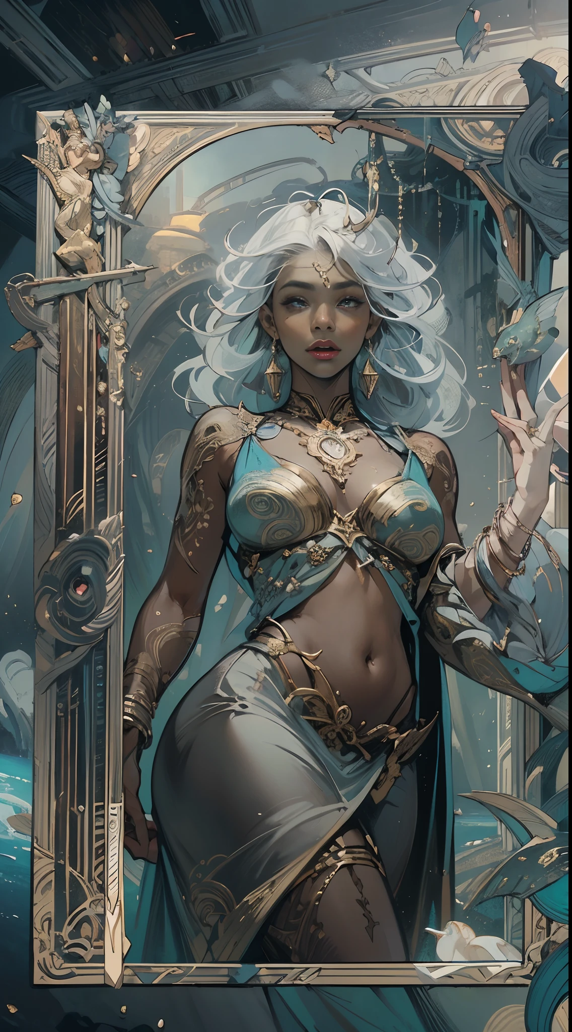 White hair, green eyes, ultra-detailed sea surface, skull in eye reflection, background of white stone statue of muscular man, expression of anger and hatred, symbol of feminine in the center, well-structured female body, gold jewelry all over