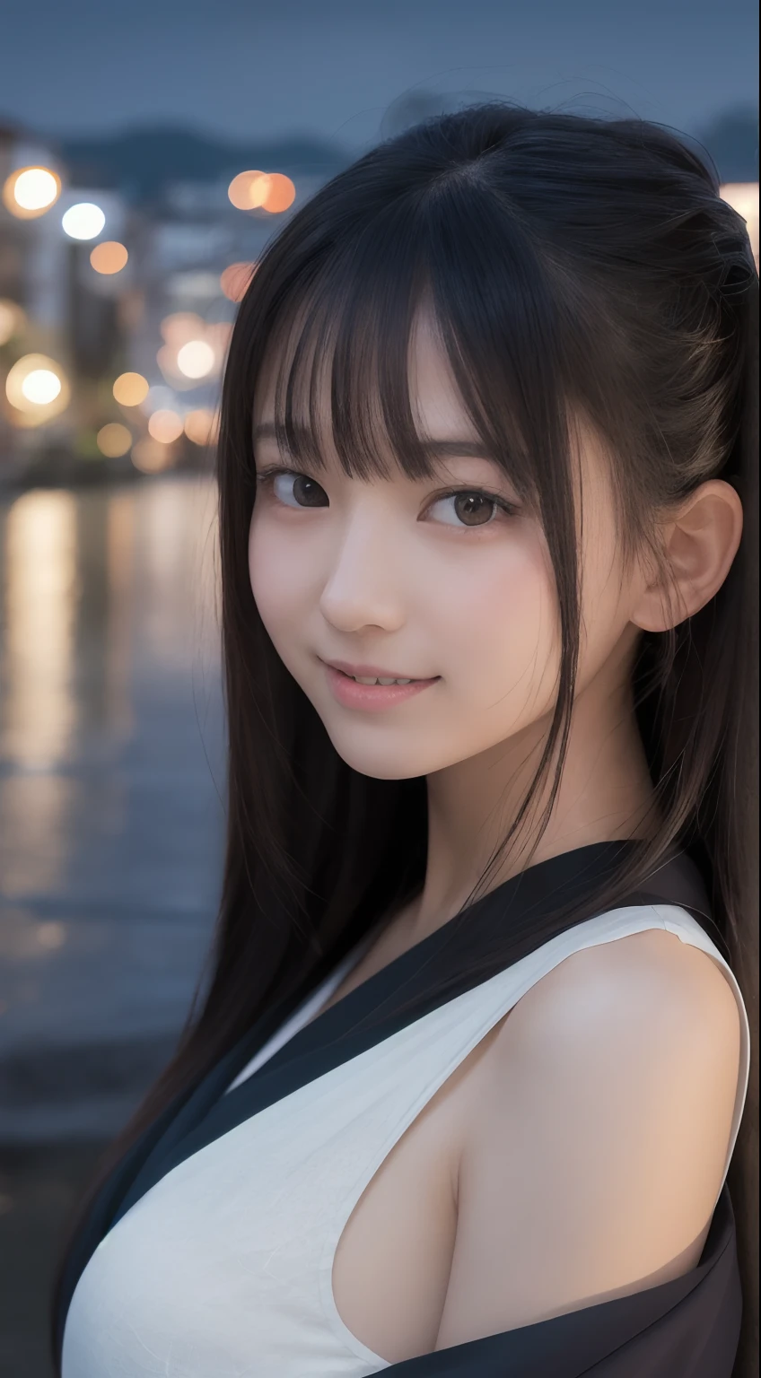 (Highest quality, masterpiece, Ultra-high resolution, (Realistic:1.4), RAW Photos, Depth of written boundary, Professional Lighting, Perfect Anatomy, Very detailed), One girl, , The most famous Japanese idols, Wearing a cute lace summer dress, (Very cute face, ((Very cute、The eyes are big too)), Very beautiful black hair), (((Highly realistic skins))), Very cute long eyelashes, Very cute lips, Highly realistic body, View your viewers, ((An innocent smile)), On the streets of Hiroshima