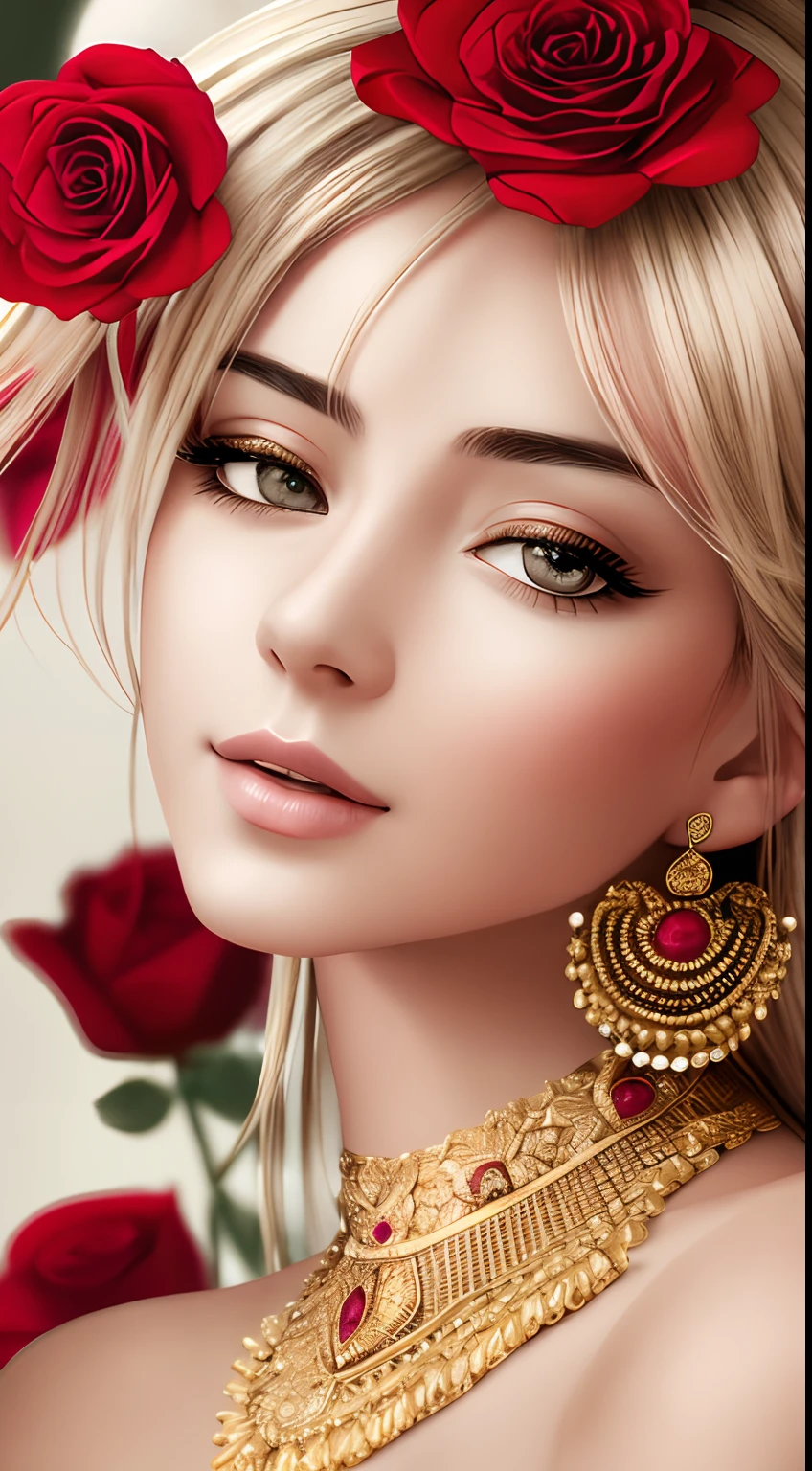 finest image, (8k, RAW photo, realistic), portrait, line drawing, line art, monochrome, no color, beautiful women's lazy gestures, poses, and expressions, background ivory, many red petals, gold jewelry accessories, detailed and delicate depiction, professional lighting
