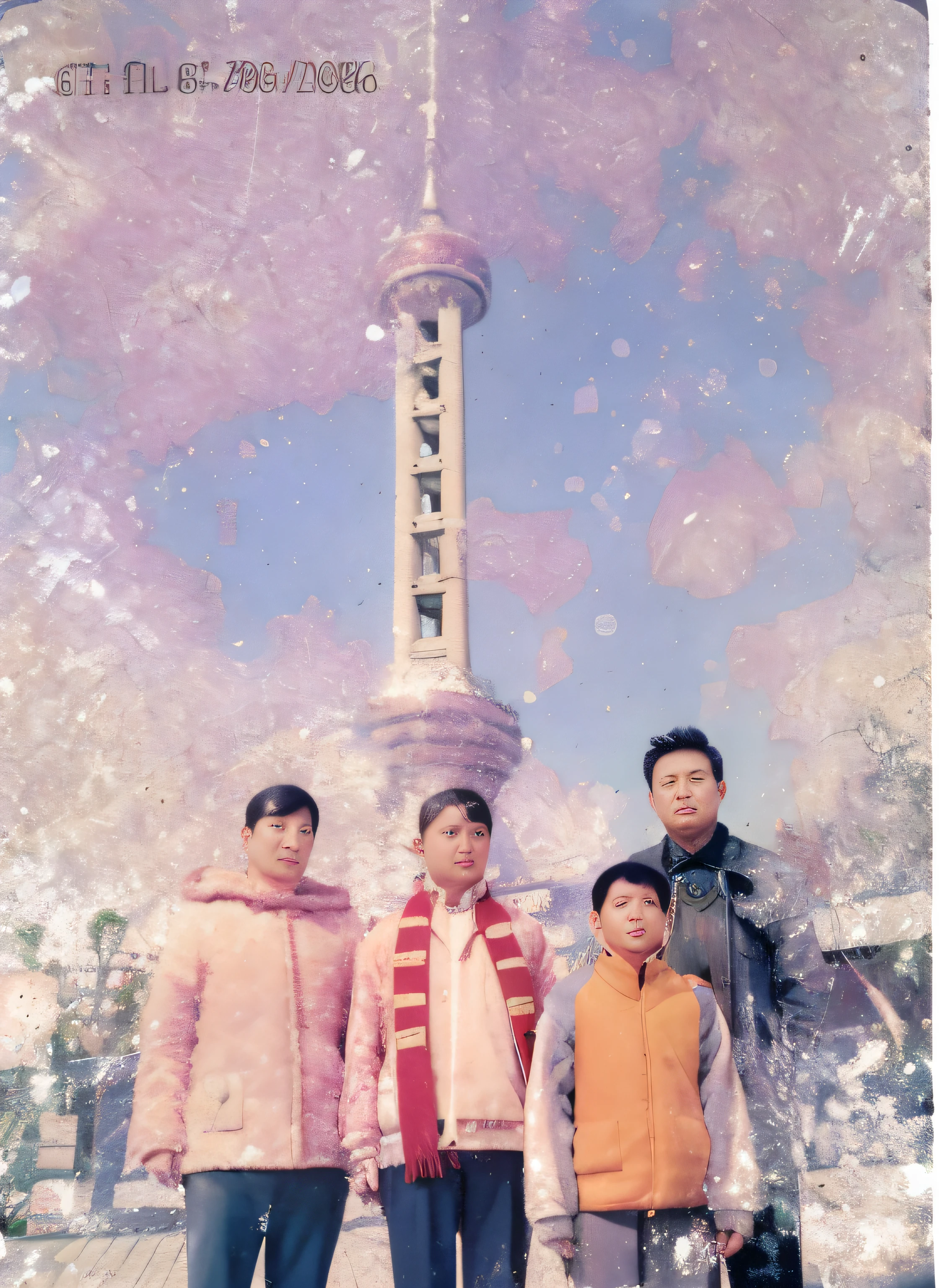 There are three people standing in front of a tower with the sky as a backdrop, Color analog photography, Infrared film, photo 1960, restored photo, color restoration, Expired color film, coloured polaroid photograph, coloured film photography, fujicolor sample, faded color film,, coloured photo, Eat Zhuoxin, shanghai, Oriental pearl